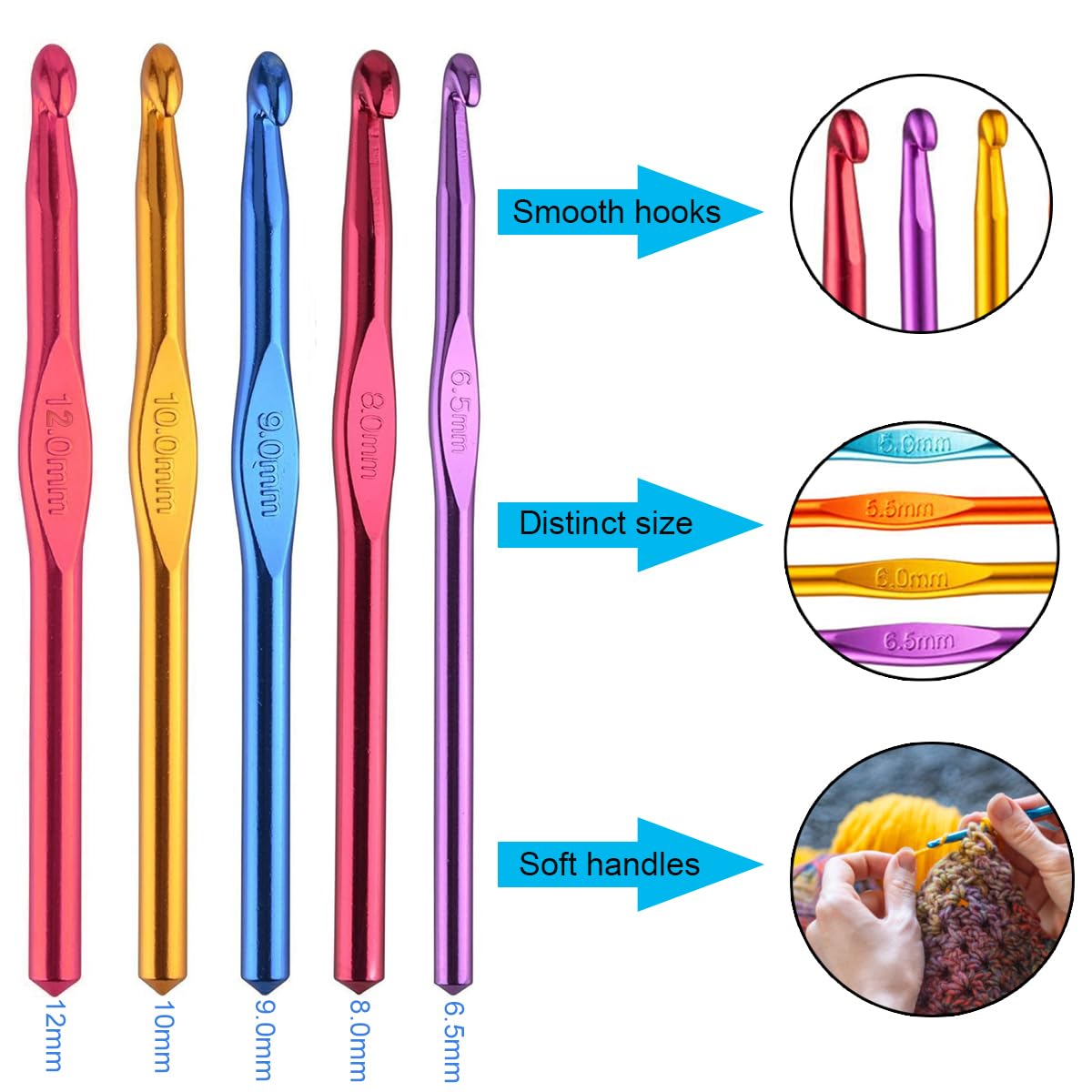 Large Size Aluminum Crochet Hook Set 6.5m(K)/8mm(L)/9mm(M)/10mm(N)/12mm(O) Knitting Needles Craft Weave Yarn Set - Mini Keychain Set Included