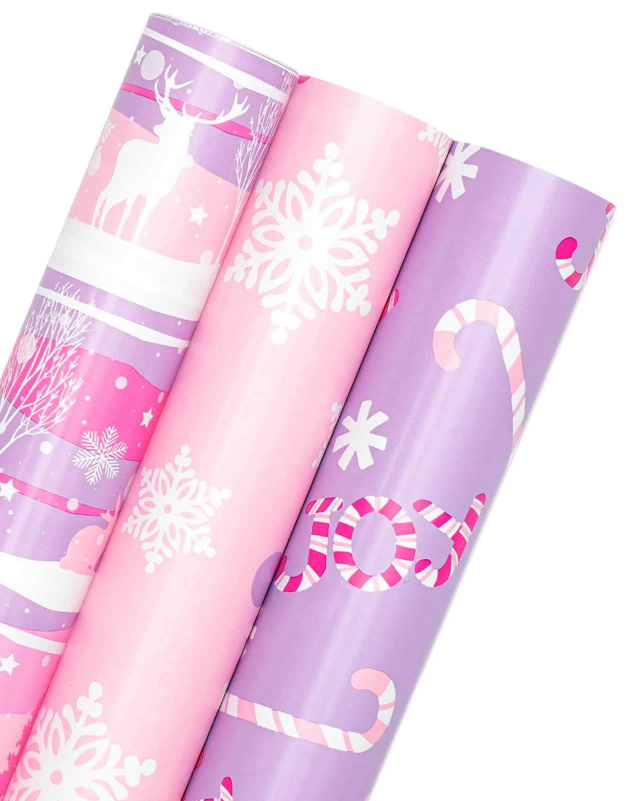 Christmas Wrapping Paper Roll - Mini Roll - 3 Rolls - 17 Inch X 120 Inch Per Roll - Pastel Pink and Purple Reindeer, Candy Cane with JOY, Snowflake Holiday Collection