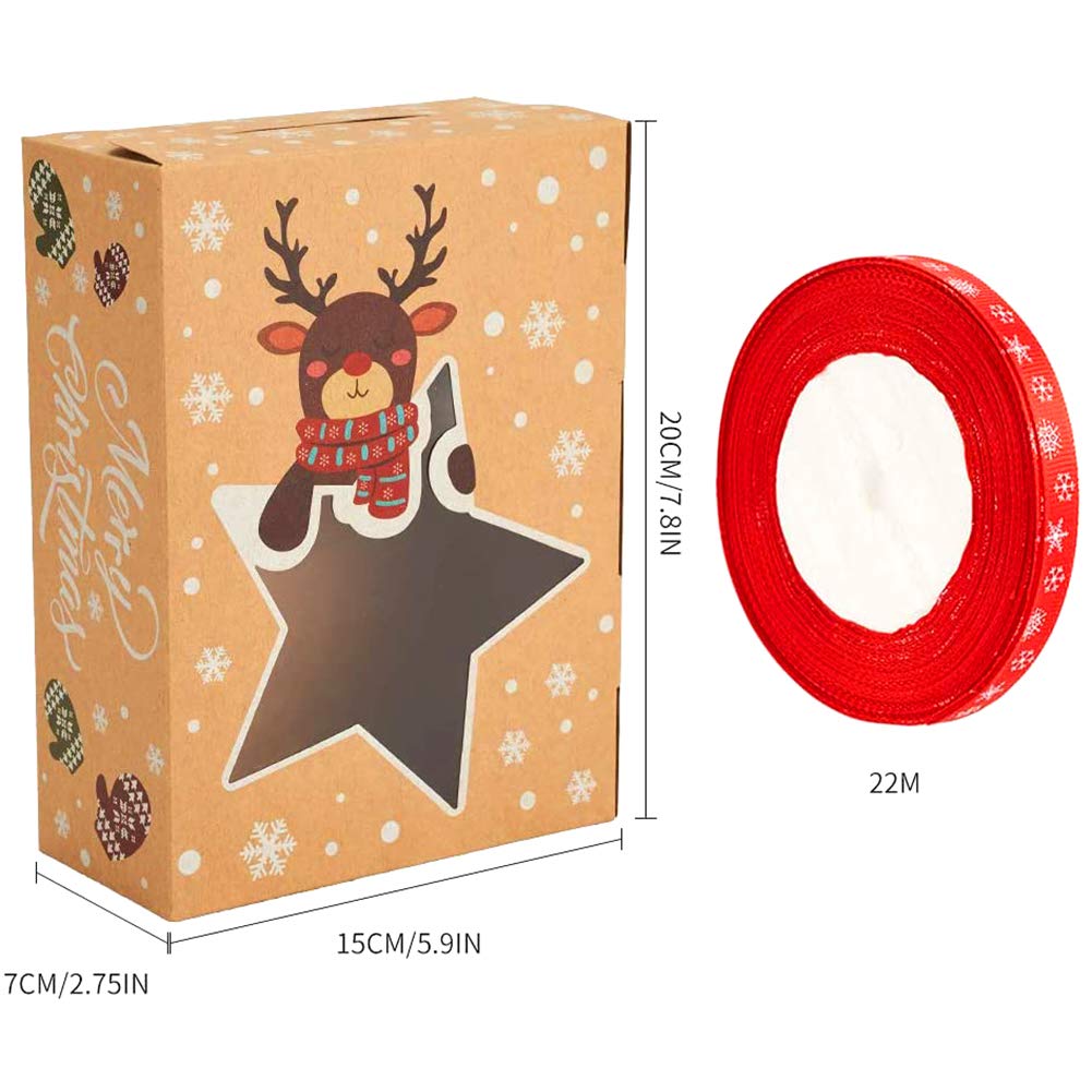 CCINEE Christmas Cookie Boxes,Kraft Treat Box with Window Ribbons for Bakery Candy Gift Giving Supplies,Pack of 12