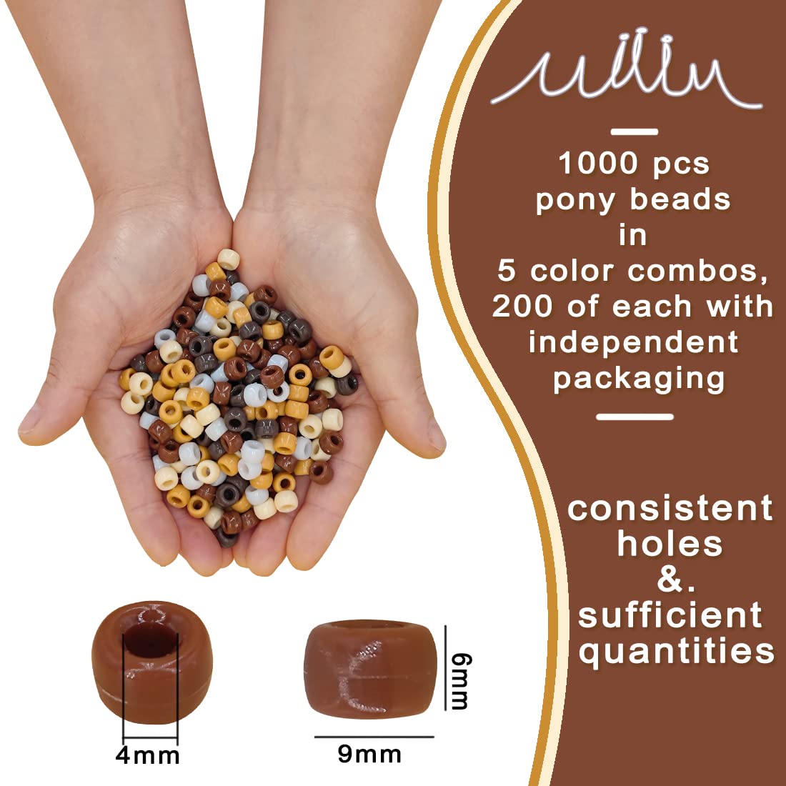 1000PCS 6x9mm Pony Beads Bulk, 5 Styles Brown Pony Beads for Bracelets Making Kit, Kandi, Hair Braids Crafts for Jewelry Making (Brown)