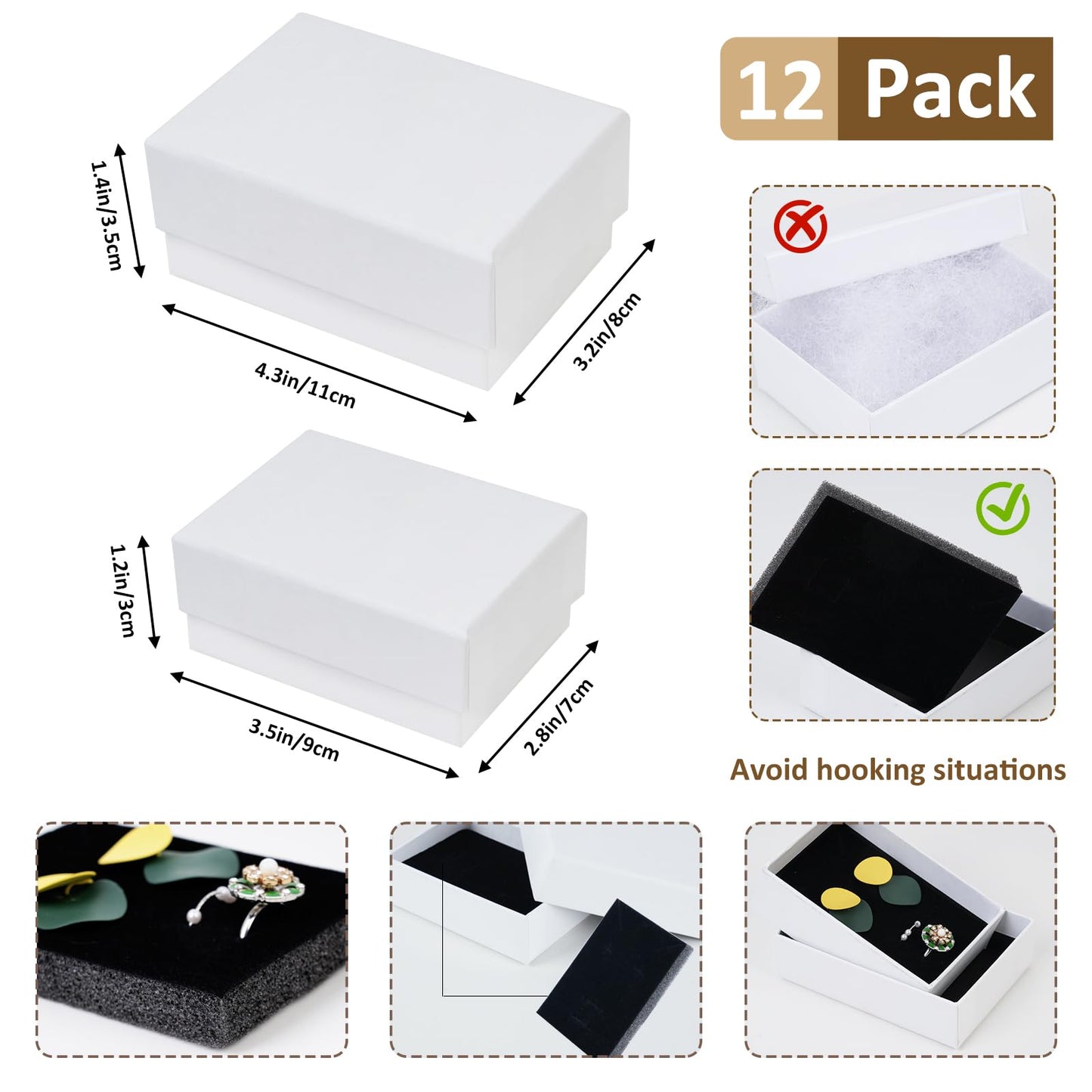 Moretoes 12pcs Jewelry Gift Boxes, 2 Size White Small Gift Boxes with Velvet Inner Used for Rings, Necklaces, Earrings, Bracelets, Pins Packing Small Jewelry Boxes Bulk