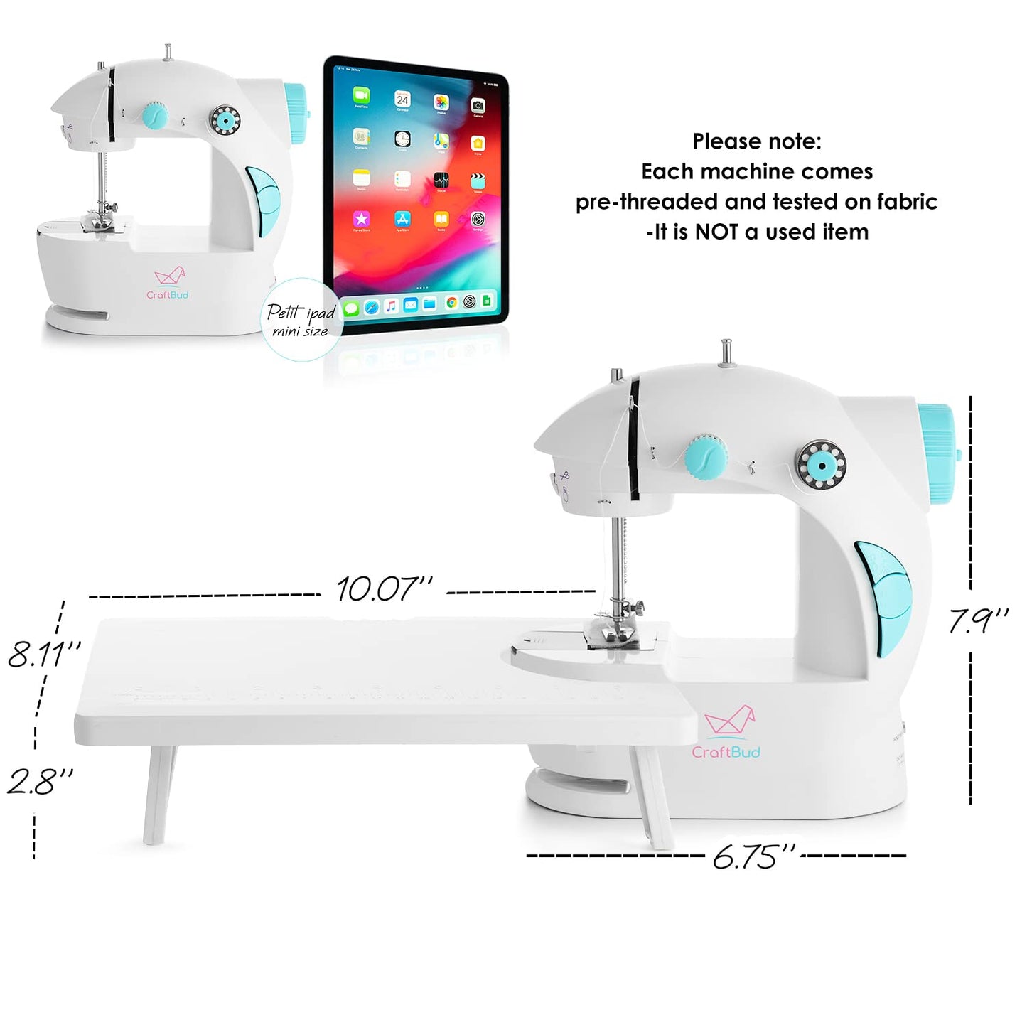CraftBud Mini Sewing Machine for Beginners, Dual Speed Small Portable Sewing Machine for Kids and Adults with Extension Table, 48 Piece Gift Set Includes, Pedal, Projects Book, Light and More, White