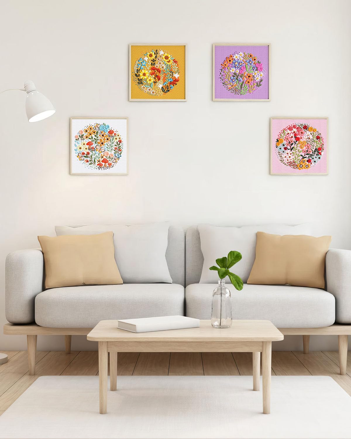 4 Sets Embroidery Kit for Beginners,Hummingbird and Flower Cross Stitch Set for Include Embroidery Cloth Hoops Threads for Craft Lover Hand Stitch (Flower)