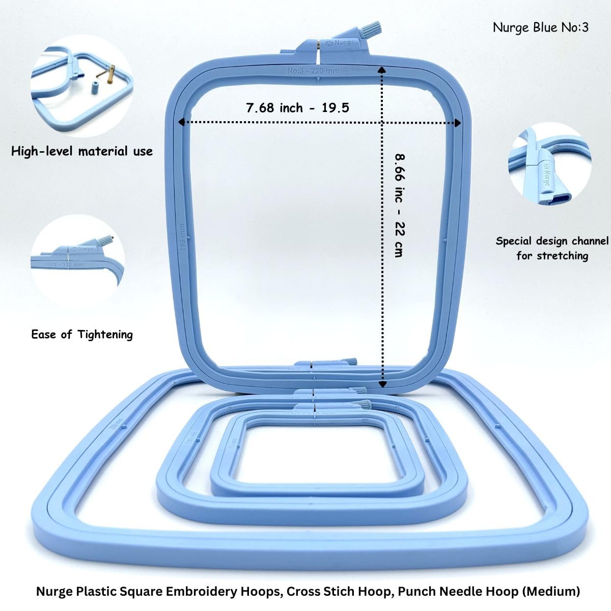 Blue Medium (No:3) Plastic Square Embroidery Hoop, Cross Stitch Hoops, Punch Needle Hoop , DIY Craft Sewing,ABS Plastic Embroidery Hoops