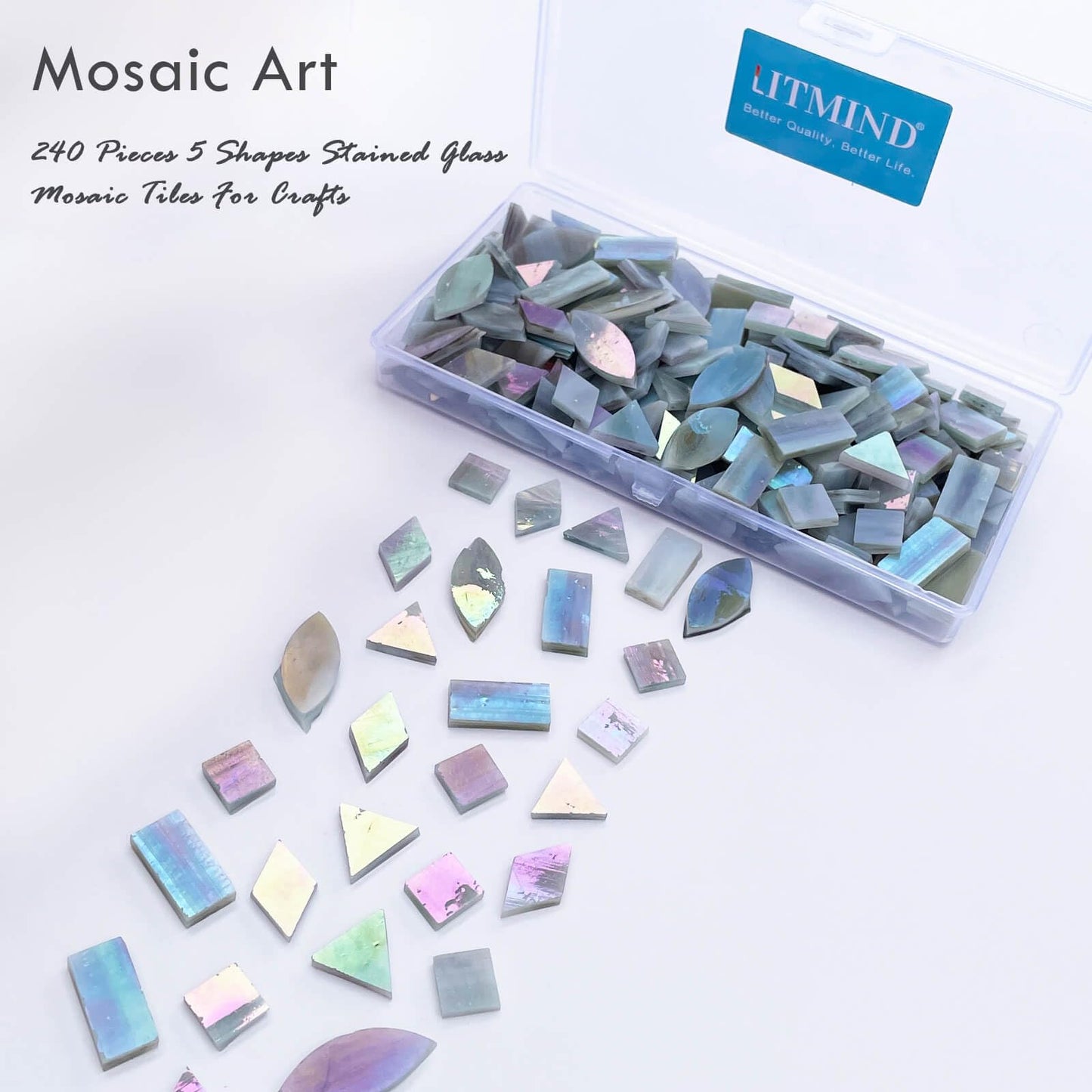 LITMIND Iridescent Ash Gray Stained Glass Mosaic Tiles for Crafts - 240 Pieces, 5 Shapes Mixed (Rectangle, Triangle, Rhombus, Square, Leaf) - Ideal for Mosaic Making Projects and Beginners