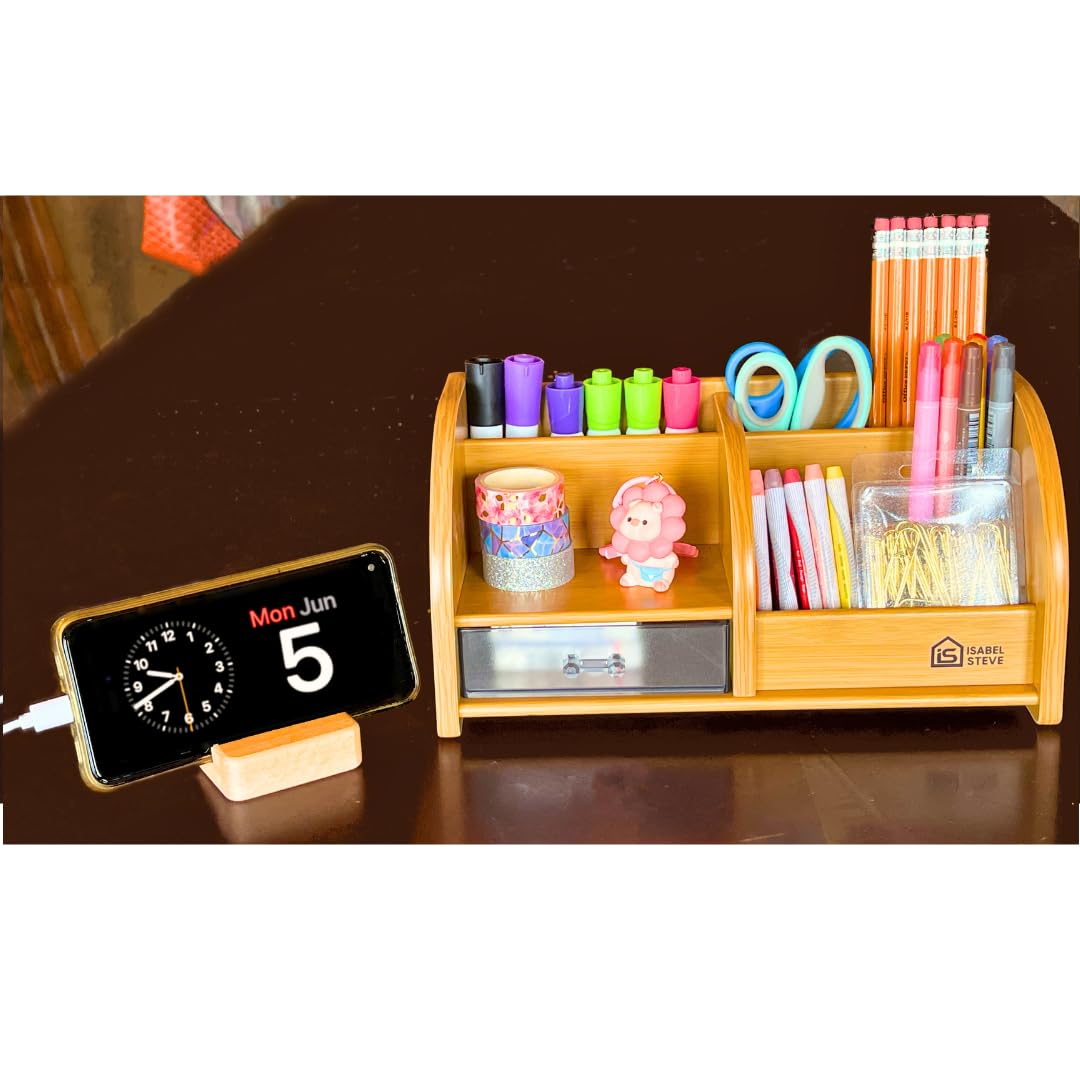 Desktop Organizer with Double-Slot Cell Phone Holder, Wooden Multifunctional Desk Storage Box with Drawer for Work from Home Office Supplies, Students, Desk Accessories, Phone Stand, Charging Station