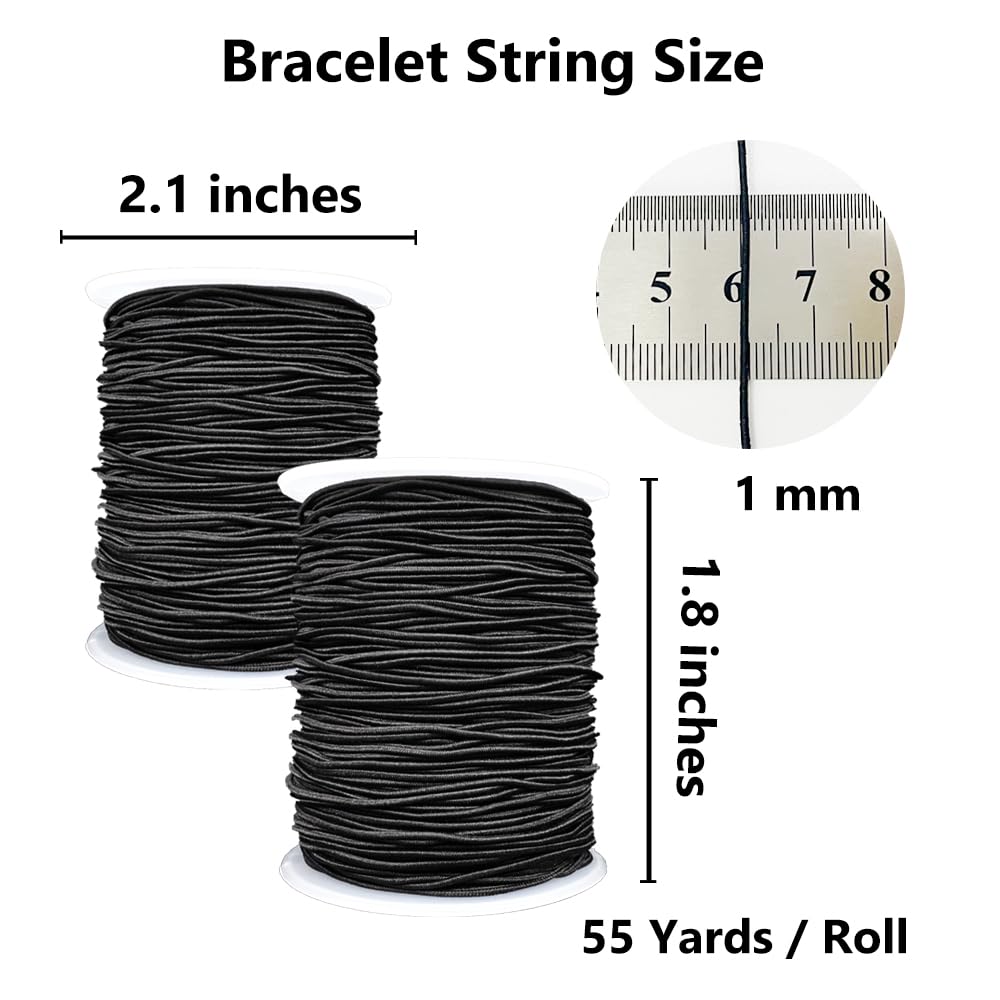 Stretchy String for Bracelets, 2 Rolls 1 mm Sturdy Elastic String Elastic Cord for Jewelry Making, Necklaces, Beading (Black)