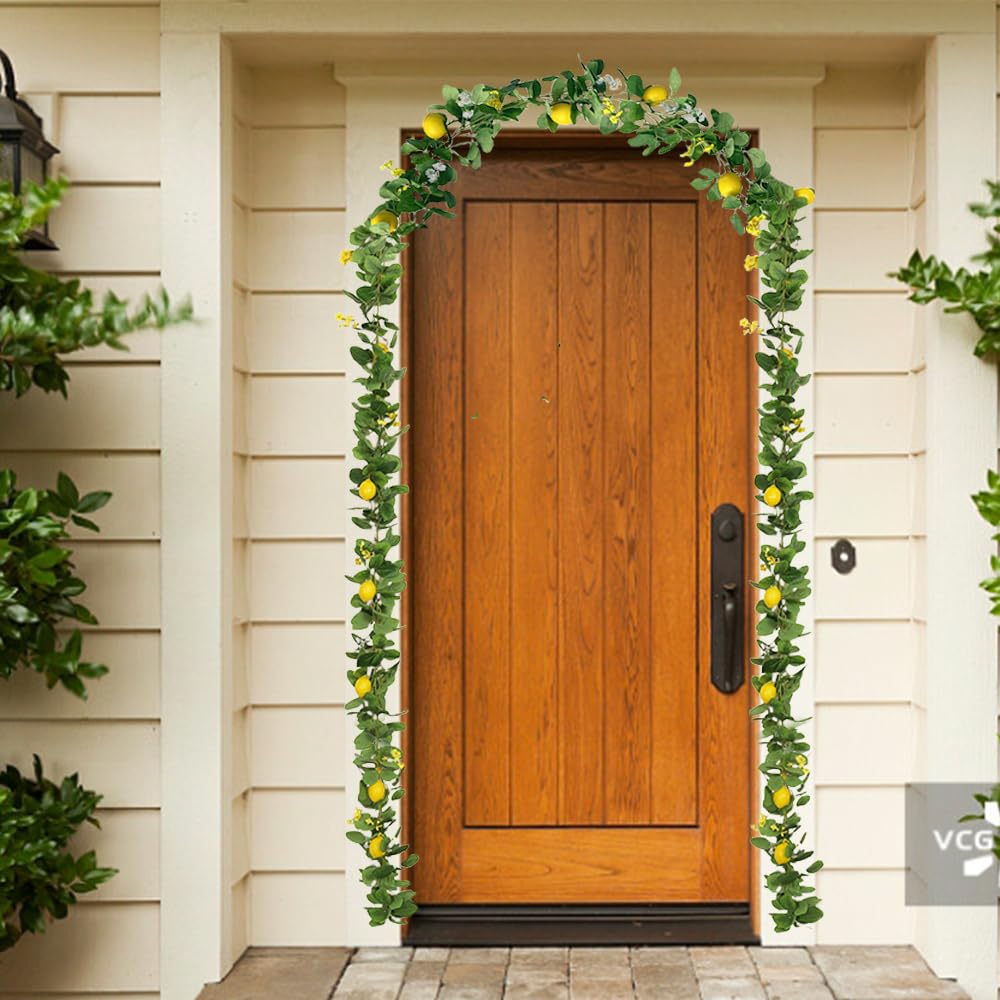 Upgraded Dense Artificial Lemon Garland with Lights Spring Summer Greenery Lemon Vine Plants Faux Fruit Cute Flowers Hanging Wreath for Wedding Home Garden Mantel Table Party Christmas Decor