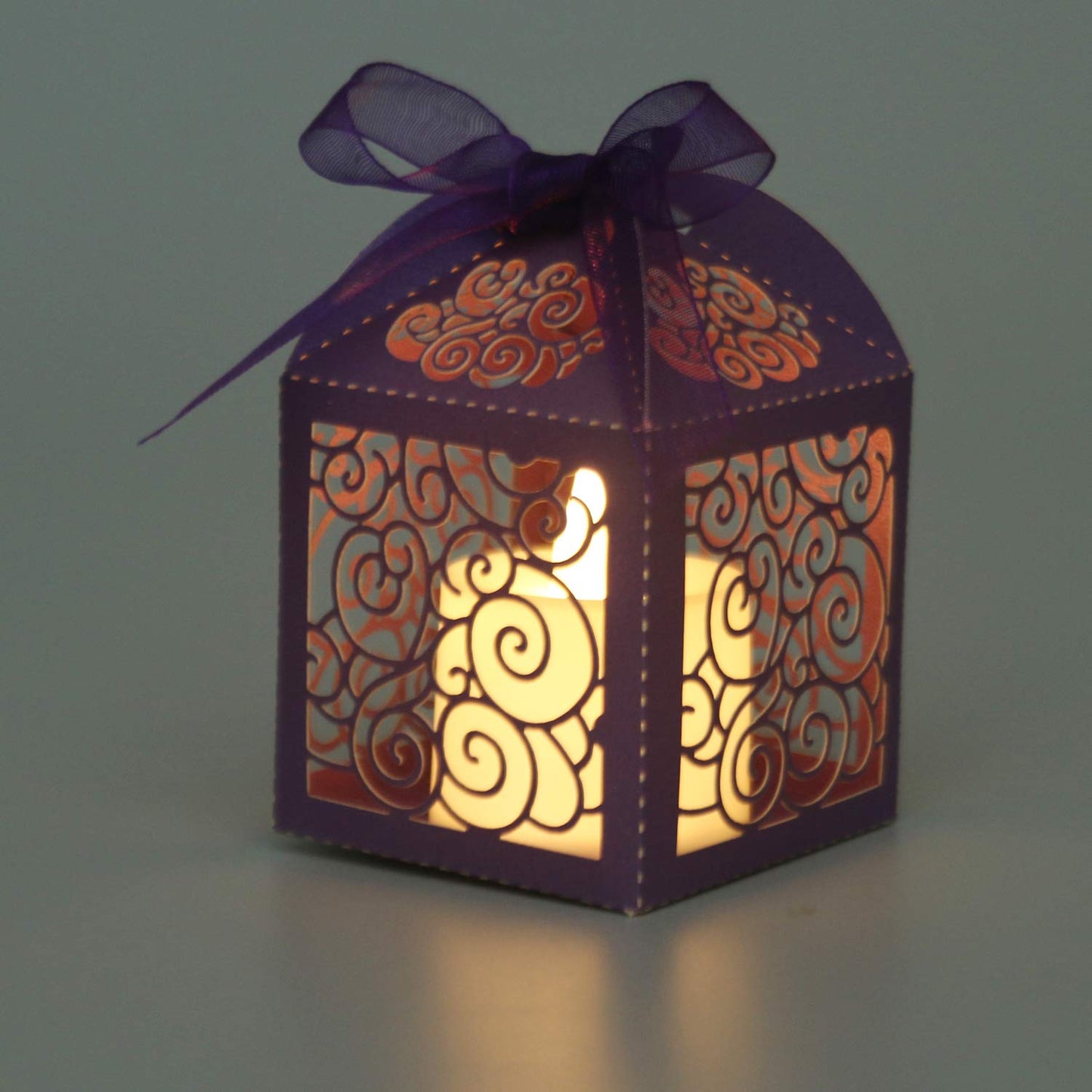 KPOSIYA 100 Pack Wedding Favor Boxes Laser Cut Boxes Party Favor Box Small Gift Boxes Lace Candy Boxes for Wedding Bridal Shower Baby Shower Birthday Party Anniverary with Ribbons (Purple, 100)