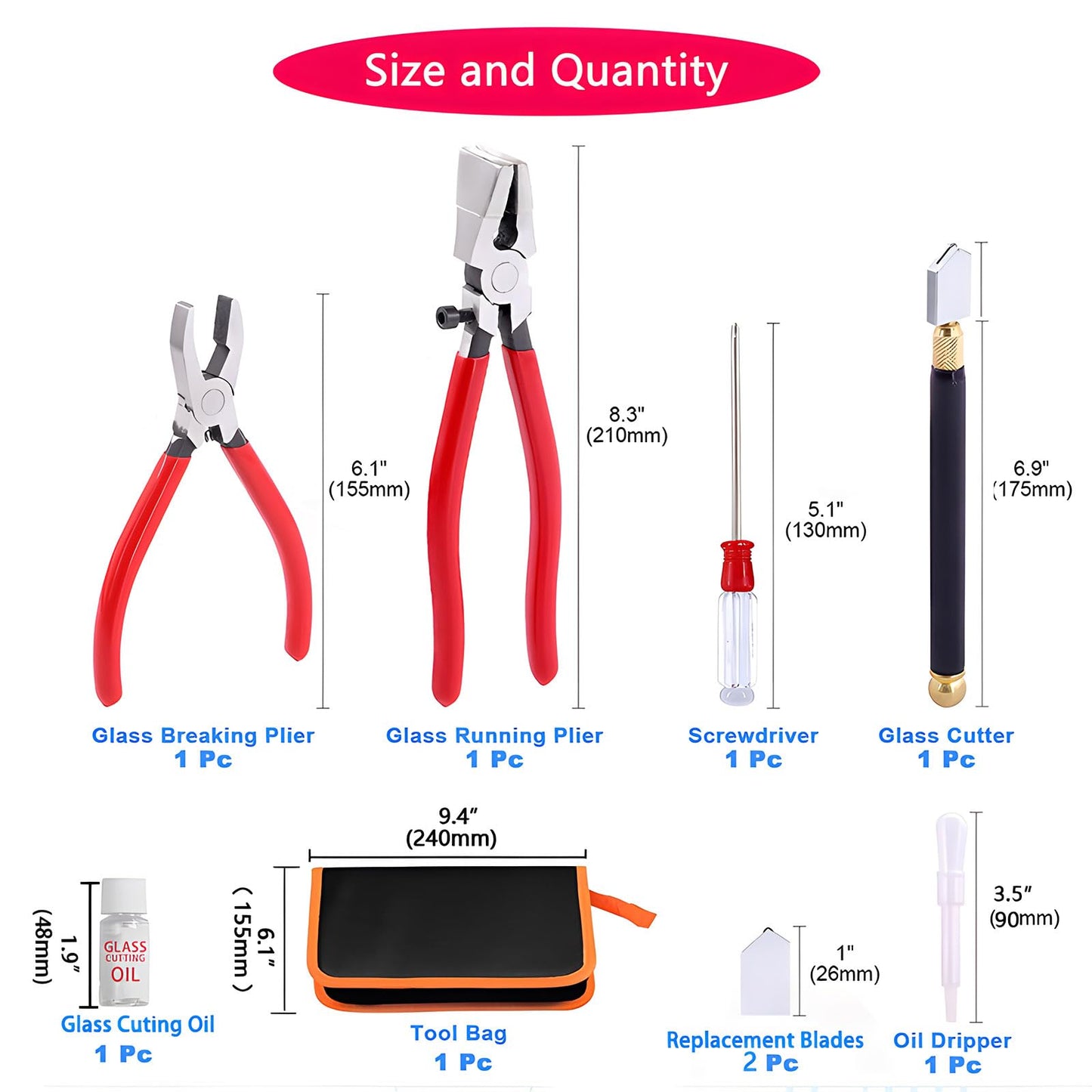 Glass Cutting Tool Set Kit, Glass Nipper,Glass Running Plier, Breaking Plier, Oil Feed Glass Cutter Set with Leather Zipper Bag for Stained Glass, Tiles, Mosaic, Mirrors,Bottle, Fusing, Breaking