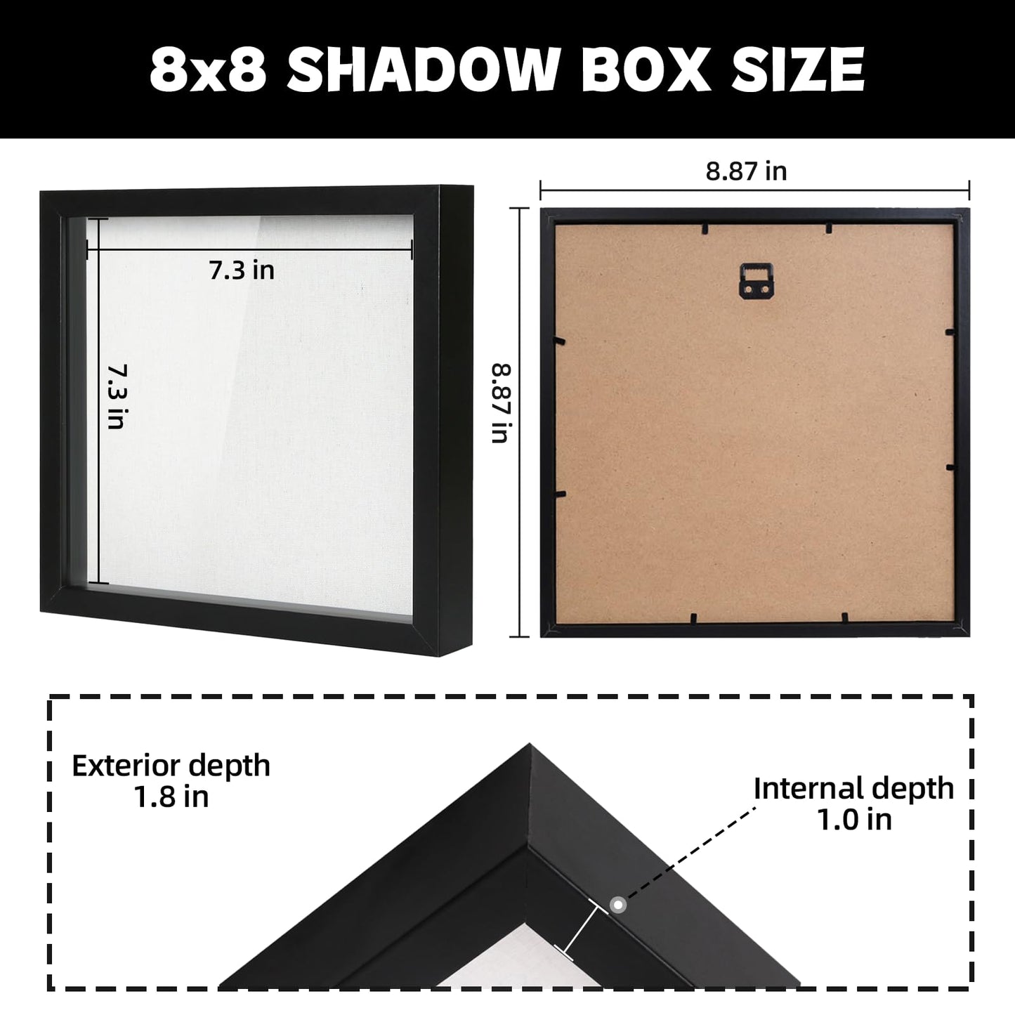 Muzilife 8x8 Shadow Box Picture Frame with Linen Board - Deep Wood & Glass Display Case Ready to Hang Memory Box Baby Sports Memorabilia, Pins, Awards, Medals, Wedding, Tickets and Photos (Black)