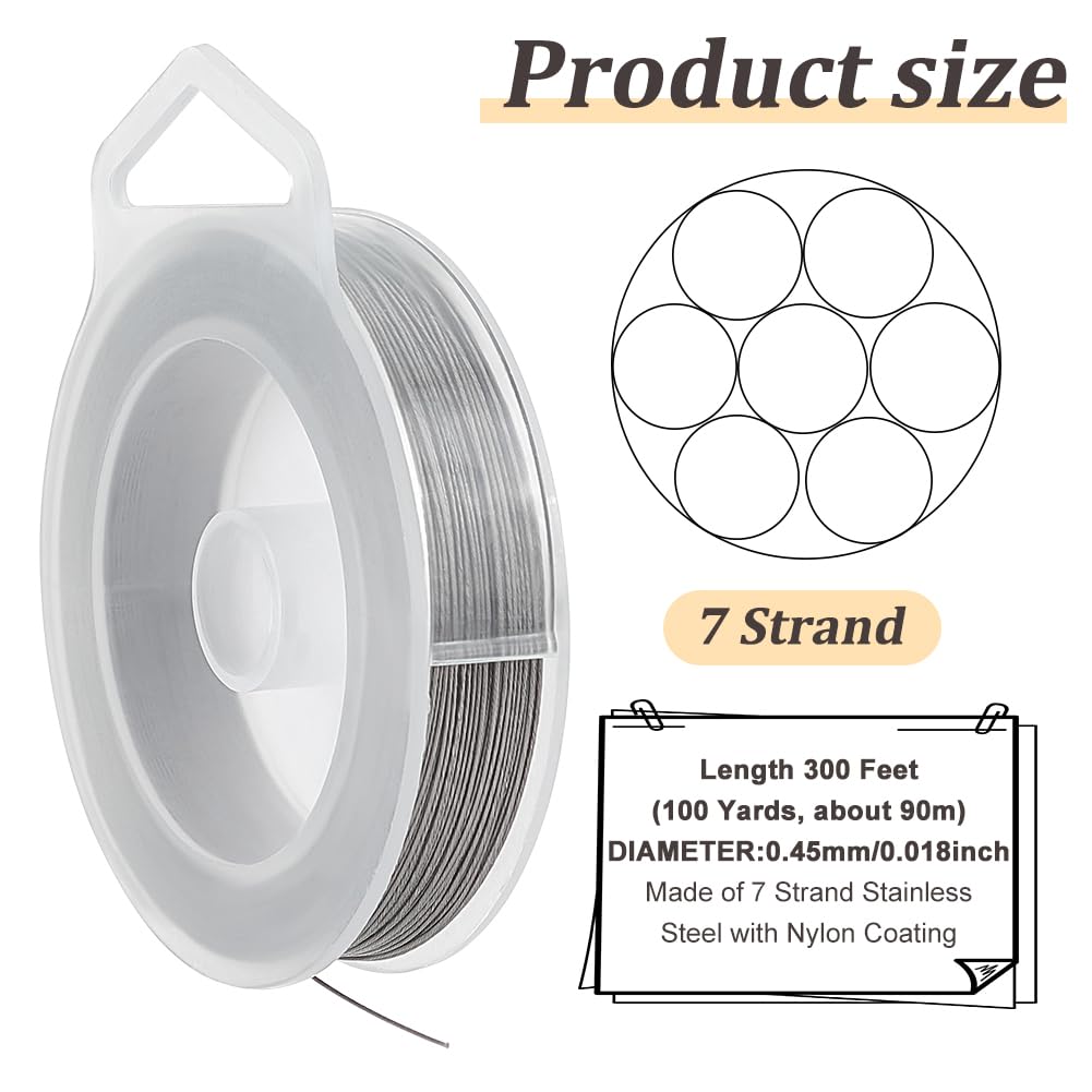 BENECREAT 300-Feet 7-Strand Beading Wire, 0.018inch/ 0.46mm Tiger Tail Bead Stringing Wire for Jewelry Making Threading Necklace Bracelet Crafts