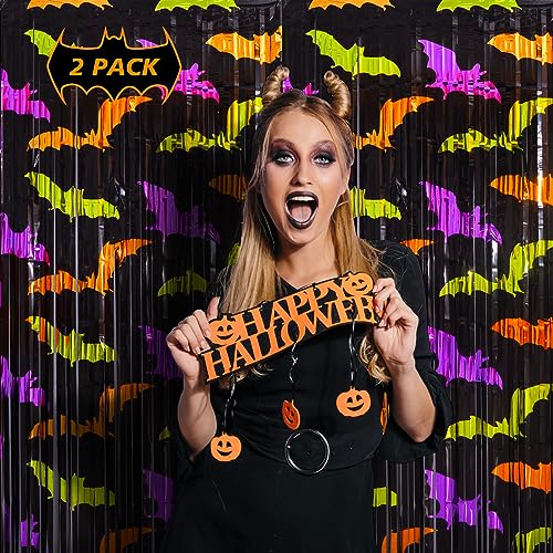 Mega-L Halloween Party Decorations 2 Pack Green Orange Purple Bat Pattern Photo Booth Props, 3.3 X 6.6 ft Metallic Foil Fringe Curtains, Halloween Photo Backdrop Streamers Halloween Party Supplies