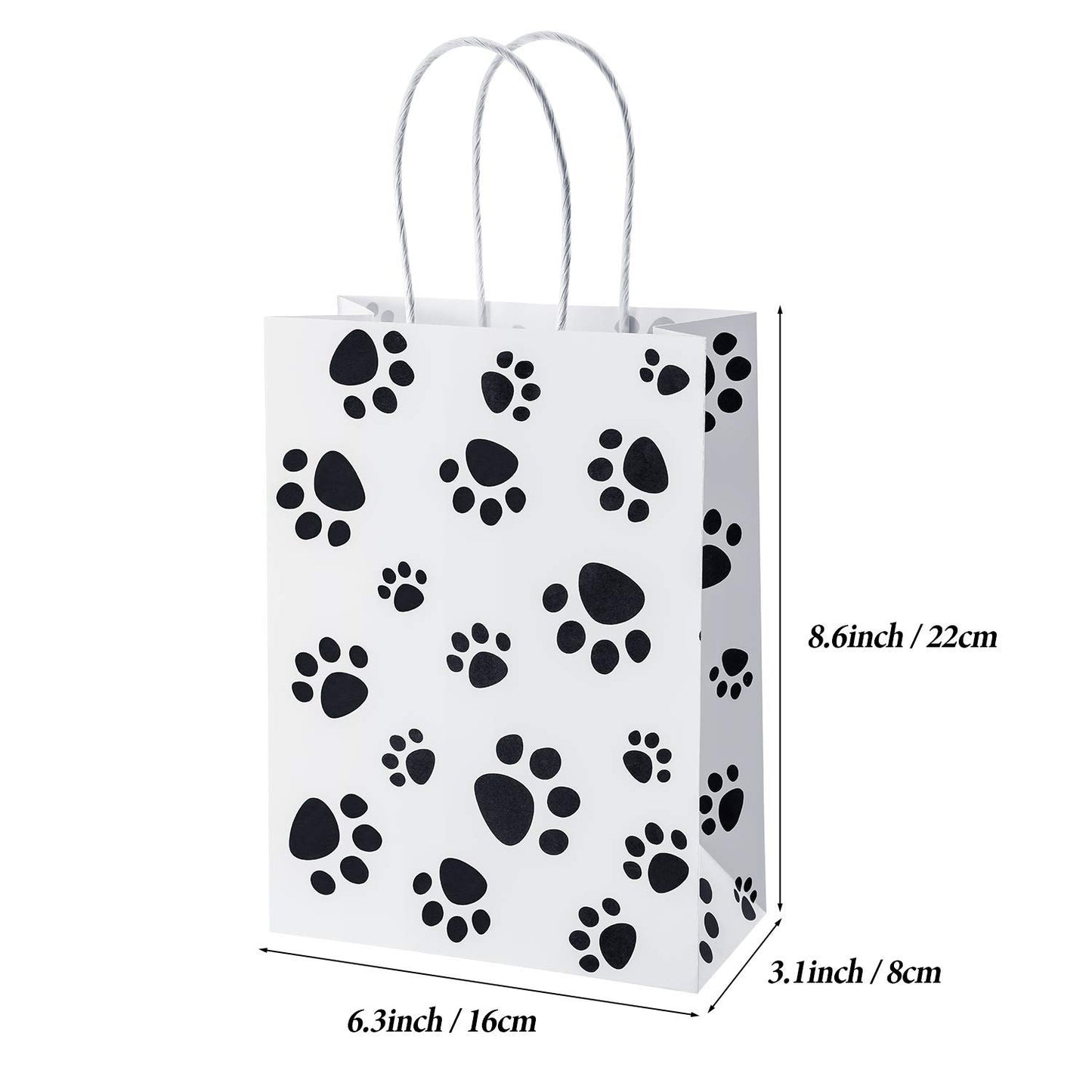Blulu 20 Pcs Puppy Dog Paw Print Gift Bags with Paper Twist Handles, Dog Gift Bags Paper Paw Print Treat Goodie Bags for PET Treat Party Favor, 6.3 x 3.1 x 8.6 Inch (White Backing)