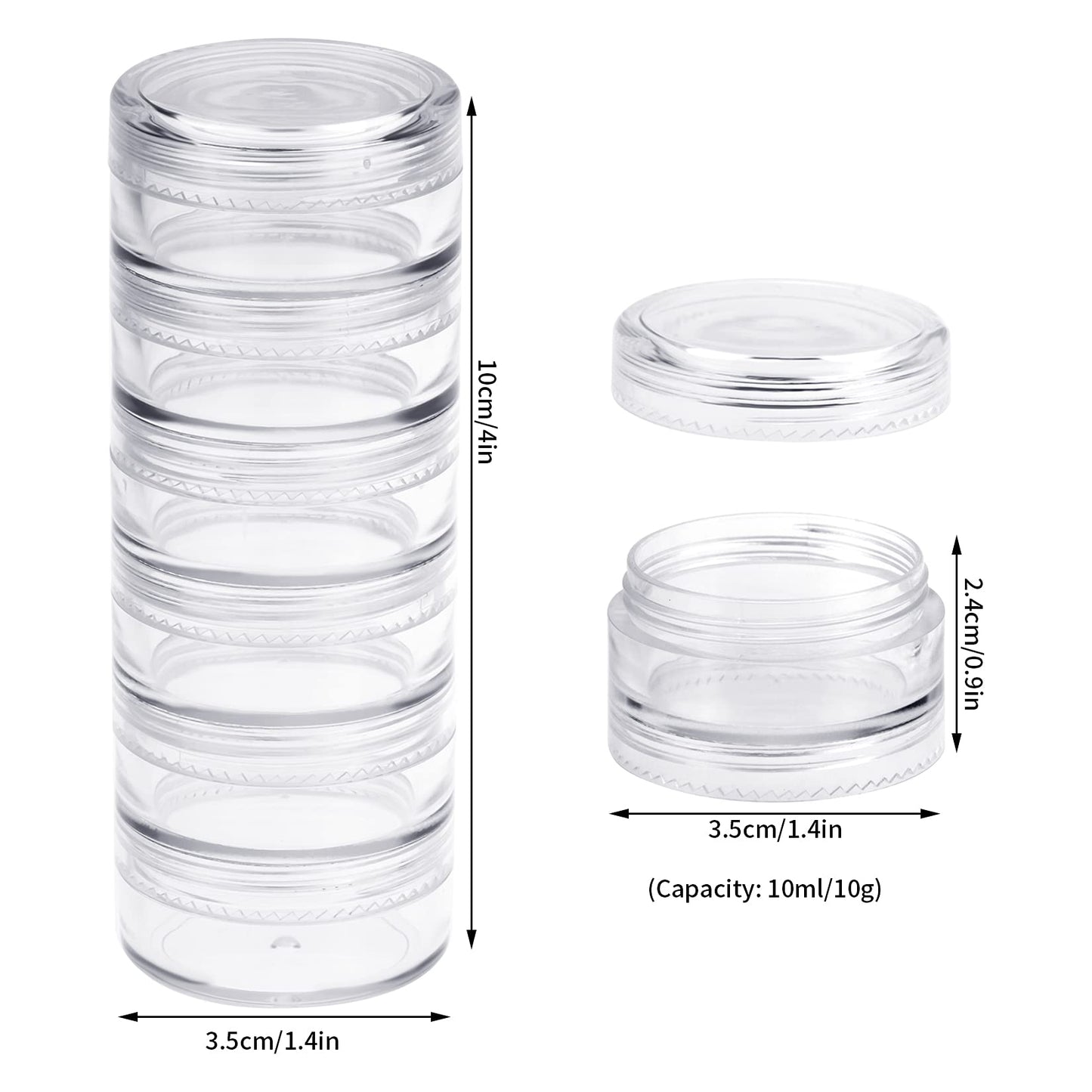 Fengek 6 Sets 6 Layer Stackable Plastic Containers, 10G/10ML Clear Cosmetic Storage Box Round Organizer Jars for Beads, Buttons, Small Jewelry Findings