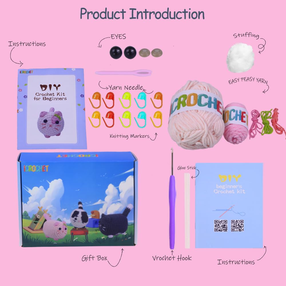 Crochet Kit for Beginners, Crochet Kit with Step-by-Step Video Tutorials, Beginner Crochet Kit for Adults, Crochet Animal Kit for Kids(Pink cat)