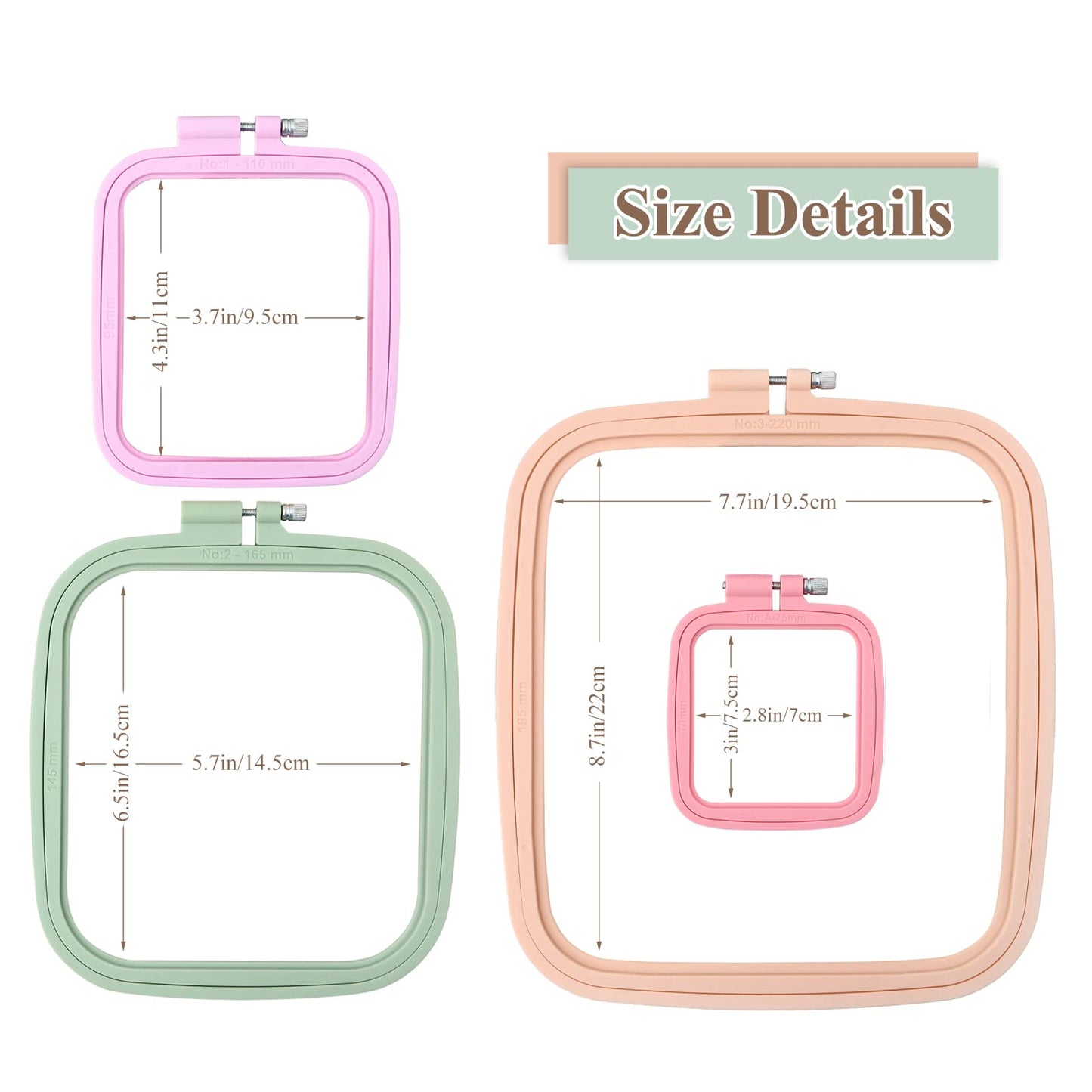 4 Pcs 4 Size Square Embroidery Hoops, ABS Plastic Embroidery Hoops Cross Stitch Hoops Embroidery Frames for Sewing, Needlework, Embroidery Projects (Size-3", 4.3", 6.5", 8.7")