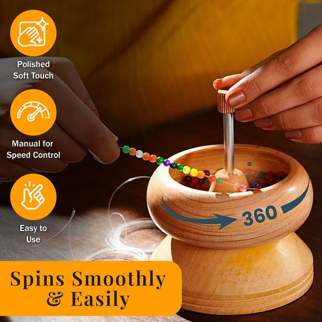 Seed Bead Spinner for Jewelry Making Kit - Clay Bead Spinner with Big Eye Beading Needle & 3 Meter Wire - Necklace Bracelet Maker Wooden - Birthday Anniversary Decorations Christmas Gifts - Pinewood