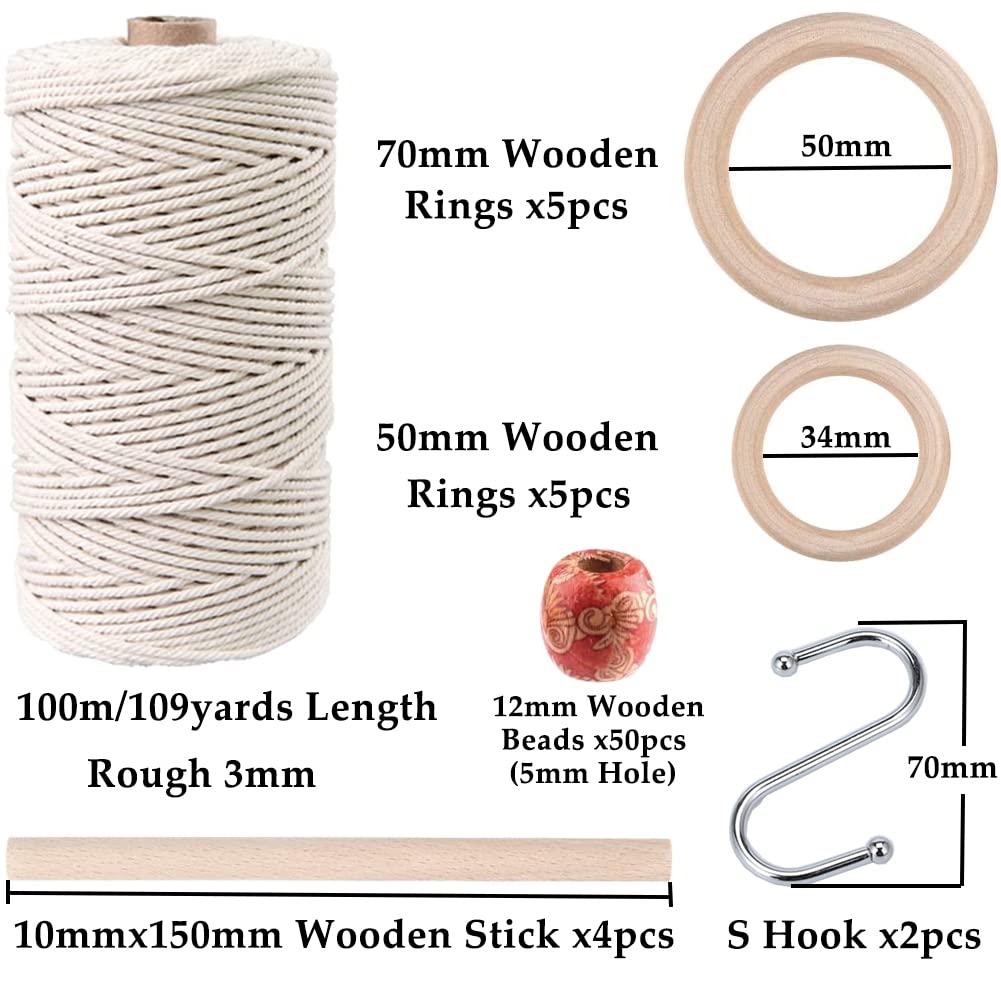 ZXCDINO 119pcs Macrame Kits for Starter 3mm x 109Yards Natural Cotton Macrame Cord with 100pcs Wooden Beads,10pcs Wooden Rings,Wooden Sticks,Metal Rings,S Hooks Macrame Supplies for Plant Hangers