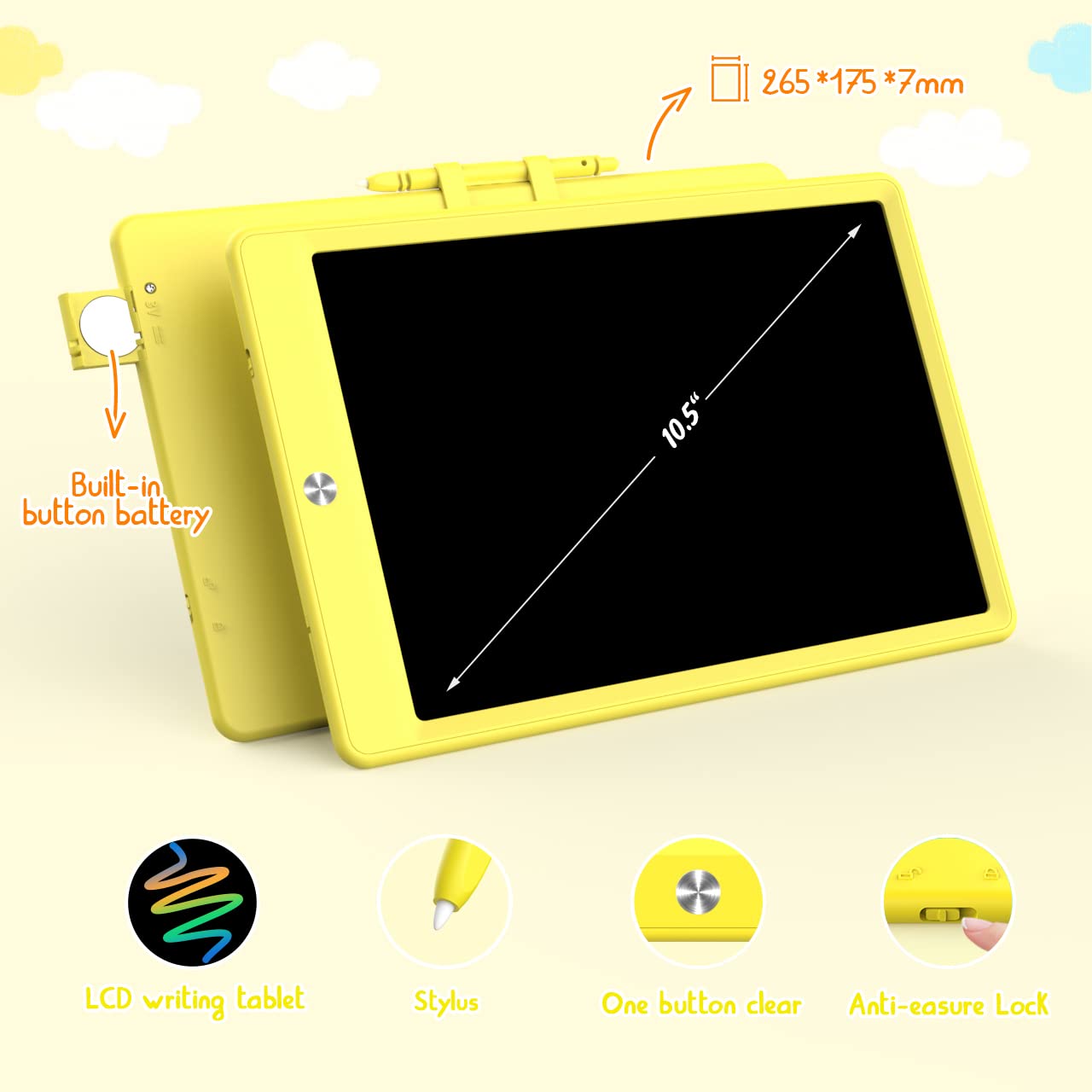 BUKEBU LCD Writing Tablet Doodle Board,10.5 inch Colorful Drawing Pad,Electronic Drawing Tablet, Drawing Pads,Travel Gifts for Kids Ages 3 4 5 6 7 8 Year Old Girls Boys (Yellow)