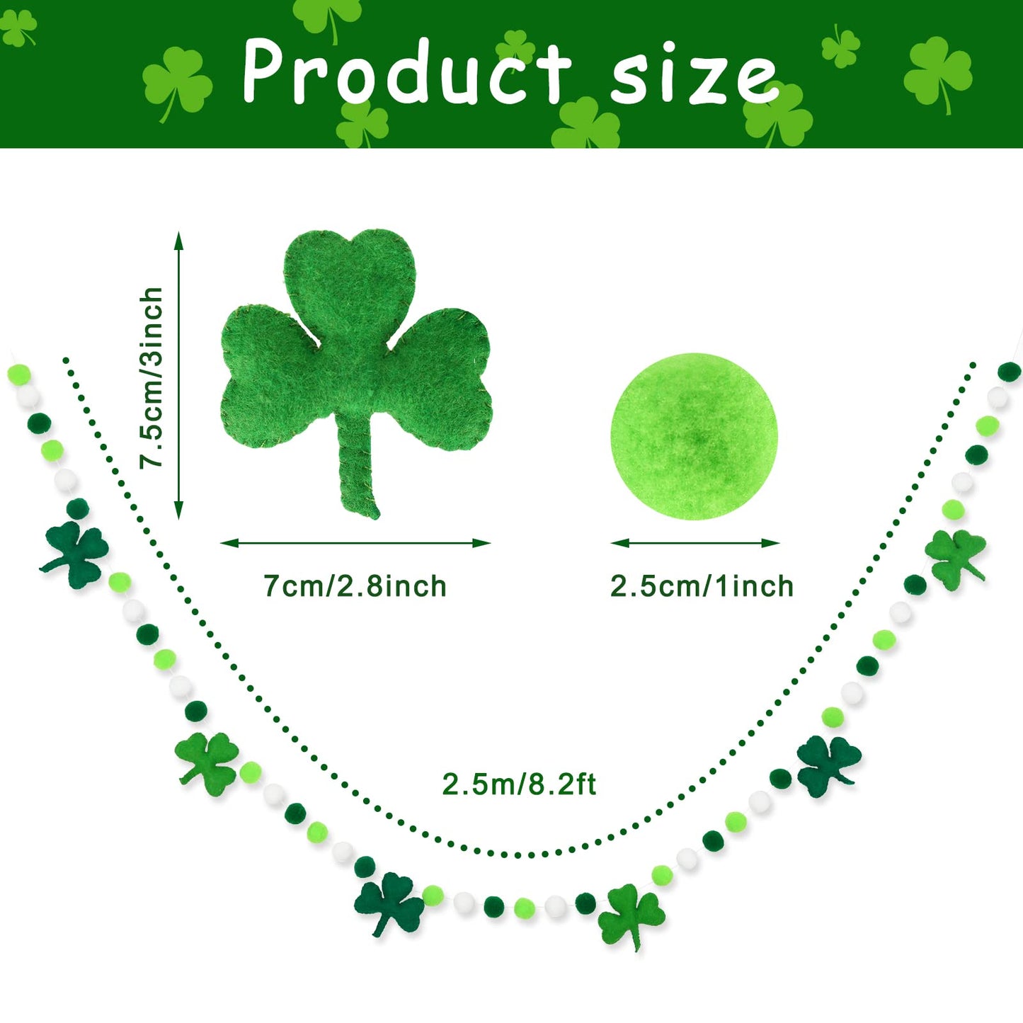 Whaline 8.2Ft St. Patrick's Day Felt Pom Pom Banner Lucky Shamrock Garland Green White Pom Ball Clover Decorative Irish Hanging Bunting Garland for St. Patrick's Day Home Mantel Wall Decor