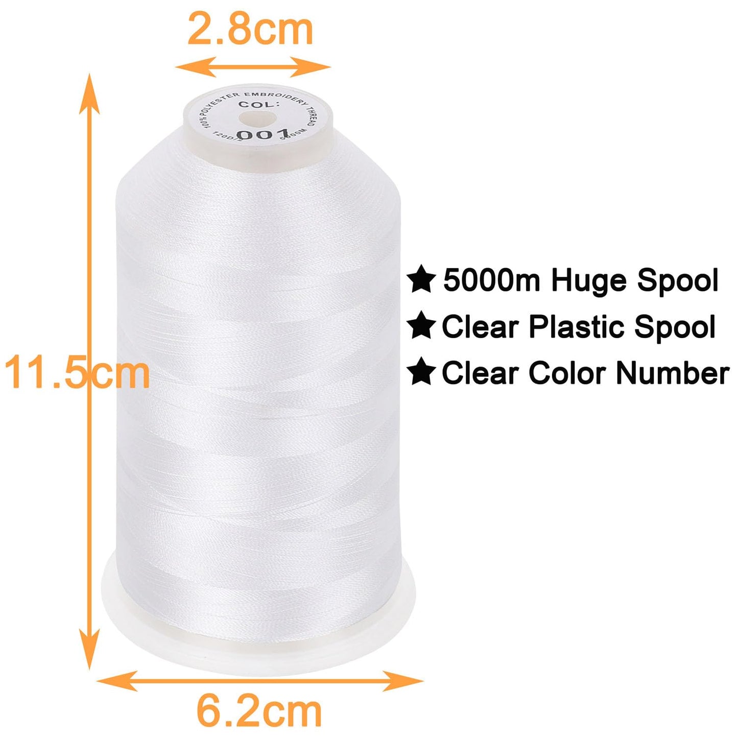 New brothread - Single Huge Spool 5000M Each Polyester Embroidery Machine Thread 40WT for Commercial and Domestic Machines - White
