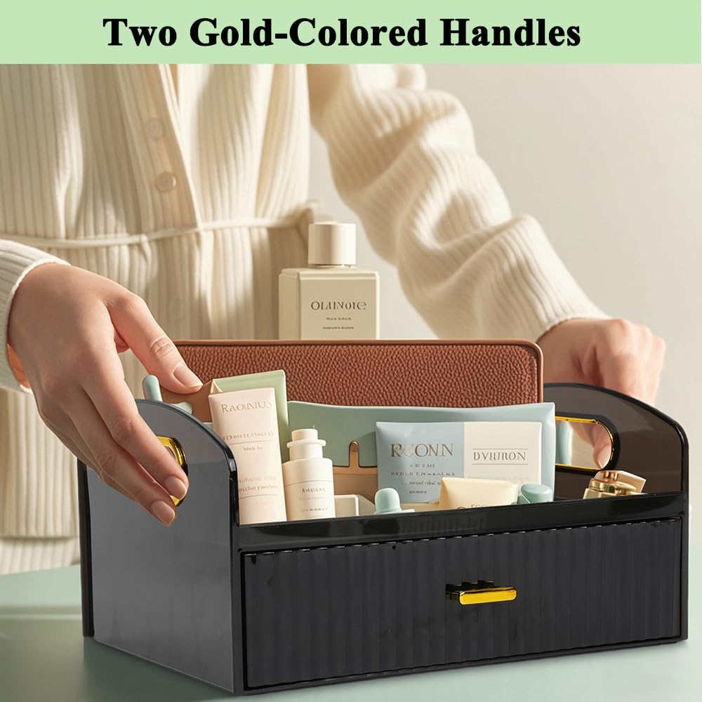 Makeup Organizer Countertop With Drawers Bedroom Vanity Clear Skincare Organizer Cute Cosmetic Display Cases for Perfumes Lipsticks, Black