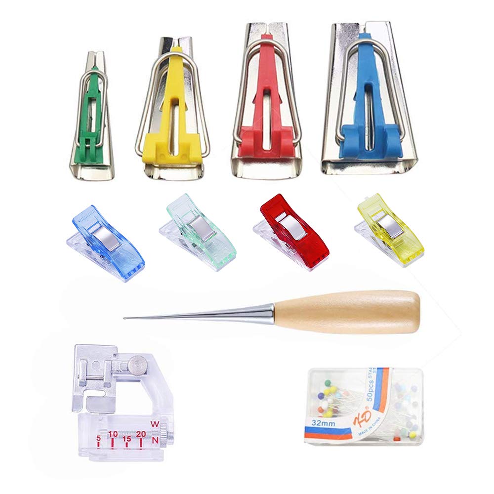 BUTUZE Fabric Bias Tape Makers Kit with Sewing Awl, Positioning Pin, Adjustable Binder Clip,Wooden Awl,Foot Press -Practical Bias Tape Maker Set for Sewing/Quilting