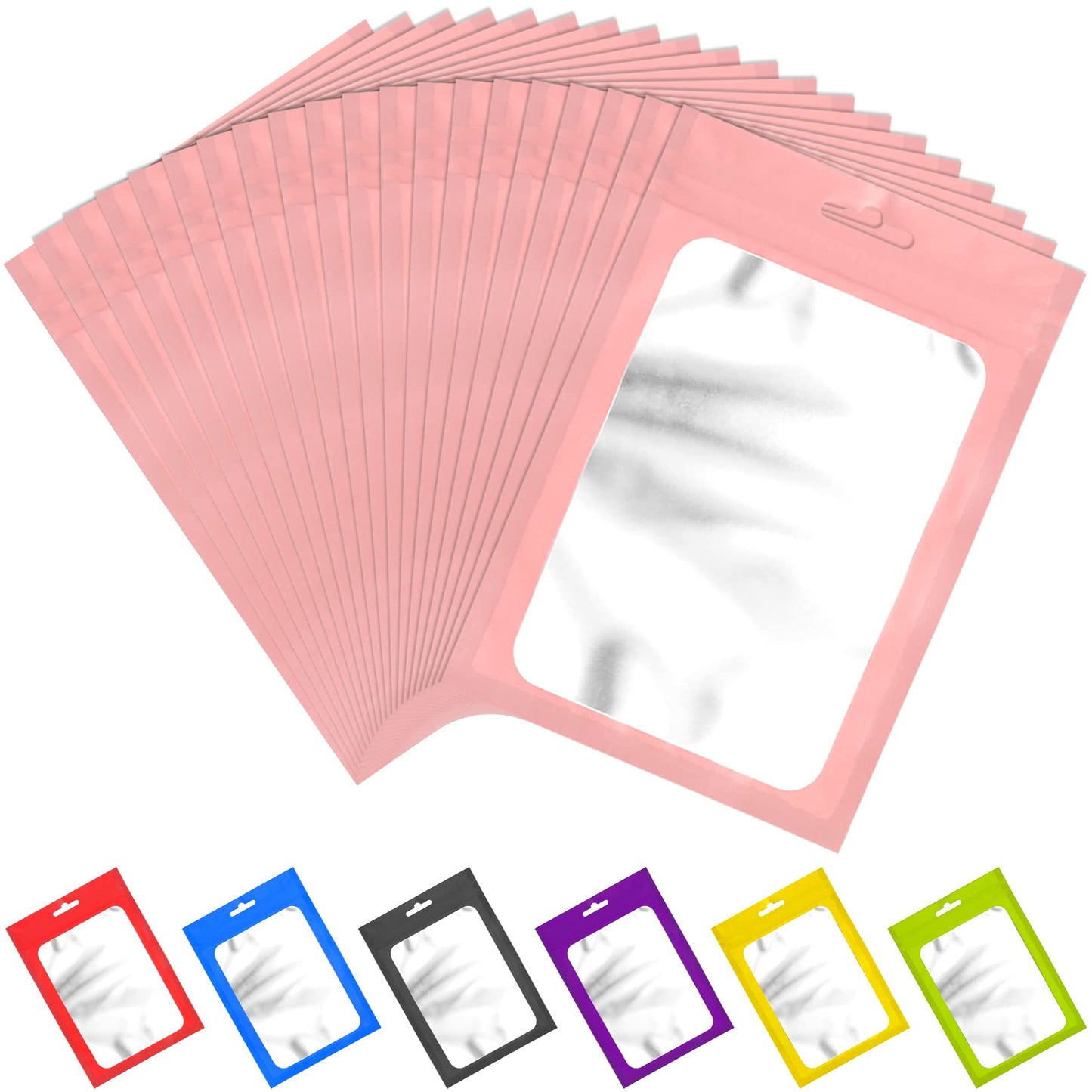 100 Pieces Resealable Mylar Bags with Zip and Clear Window Smell Proof Bags Packaging Bags Foil Pouch Zip Bags for Food Self Sealing Storage Supplies (Pink, 2.75×3.93 inches)