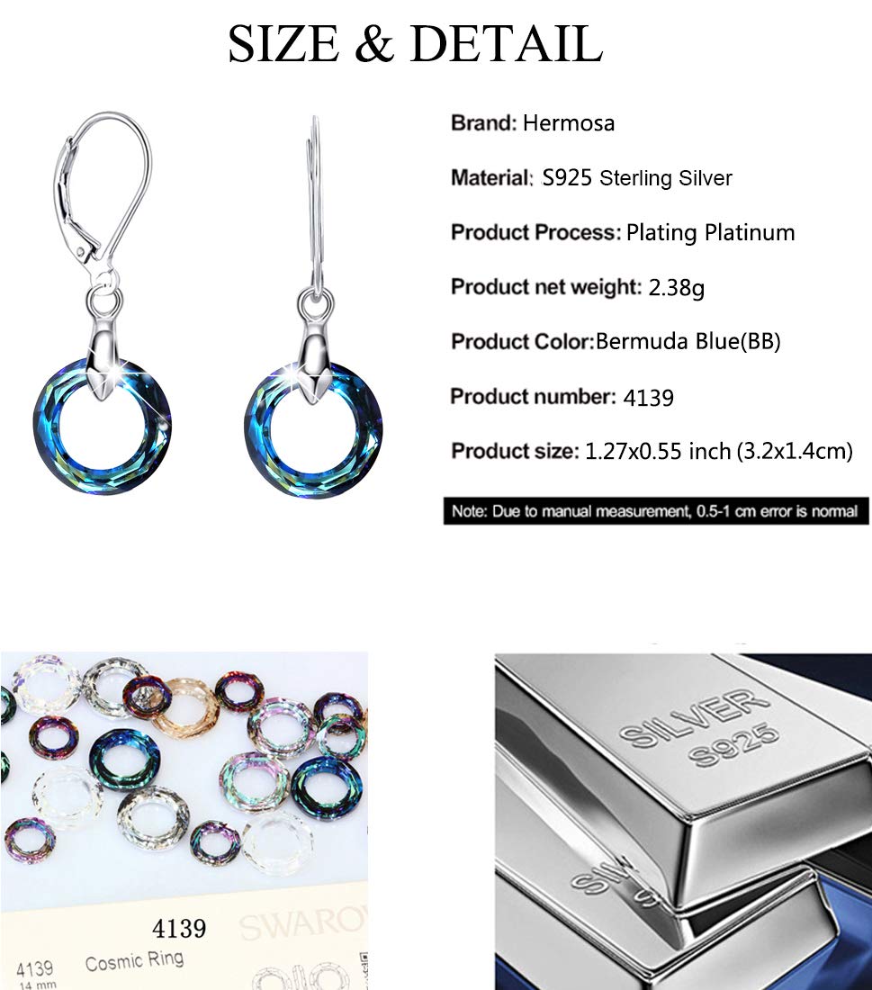 925 Sterling Silver Circle Earrings Austrian Crystal Leverback Earrings Jewelry Dangle Drop Earrings for Women (Bermuda Blue Crystal Earrings)