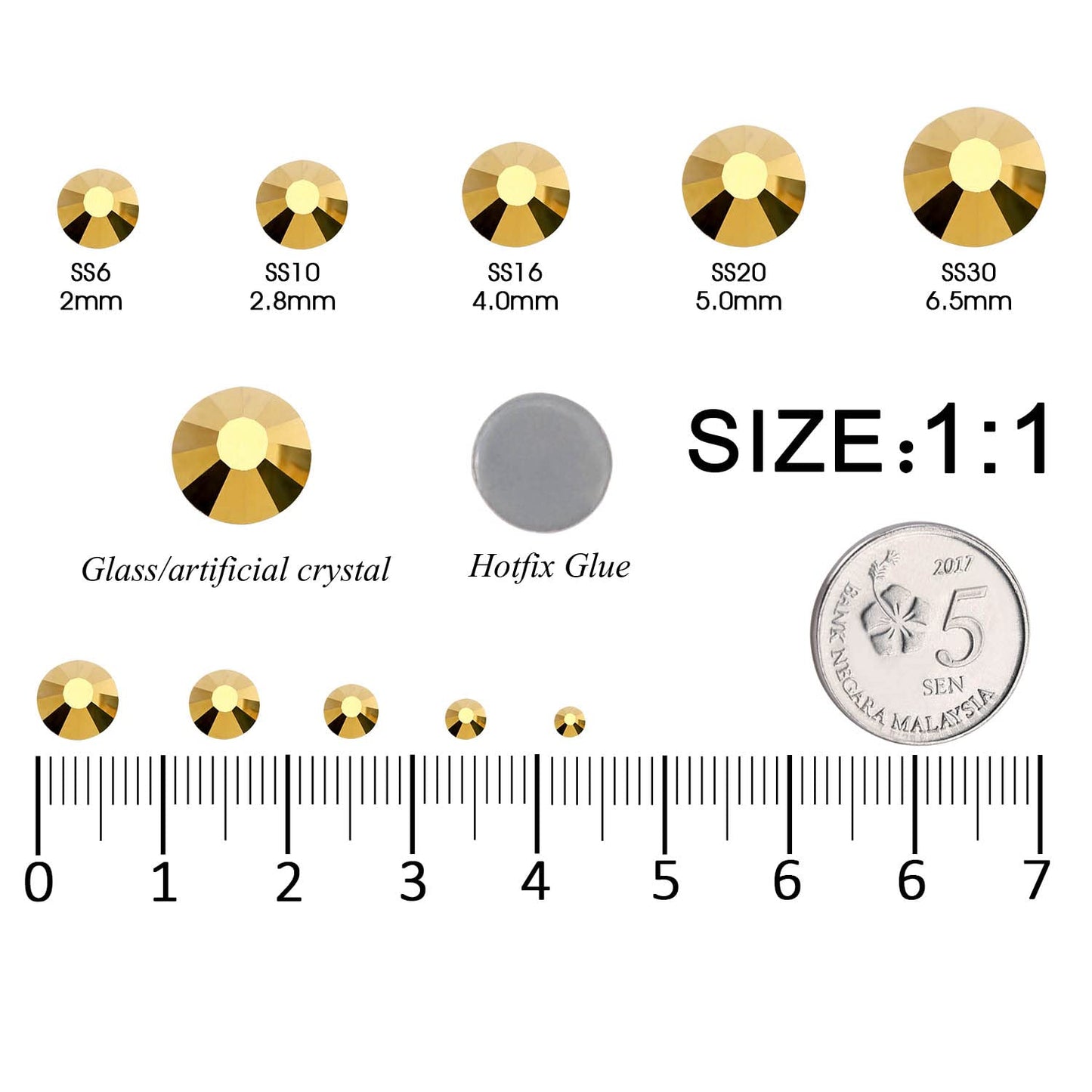 MEIBITE 6796PCS Gold Hotfix Rhinestones Crystal Stones Glass for Fabric Clothes Shirts Sparkly Flat Back Round with Tweezers and Picking Pen (SS6~SS30 Set)