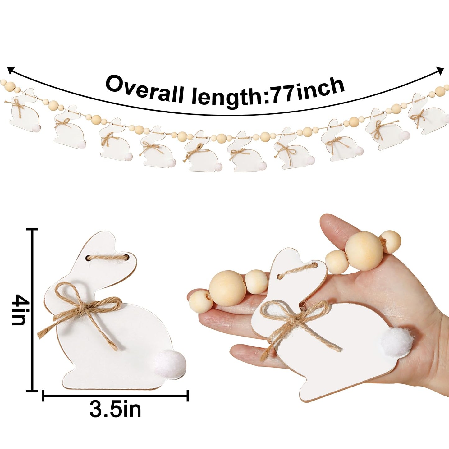 Bunny Chorus Easter Decorations Garlands, Cute Easter Bunny with Wooden Beads Garland, Rustic Easter Banner for Wall Home Indoor Outdoor Spring Decor Supplies