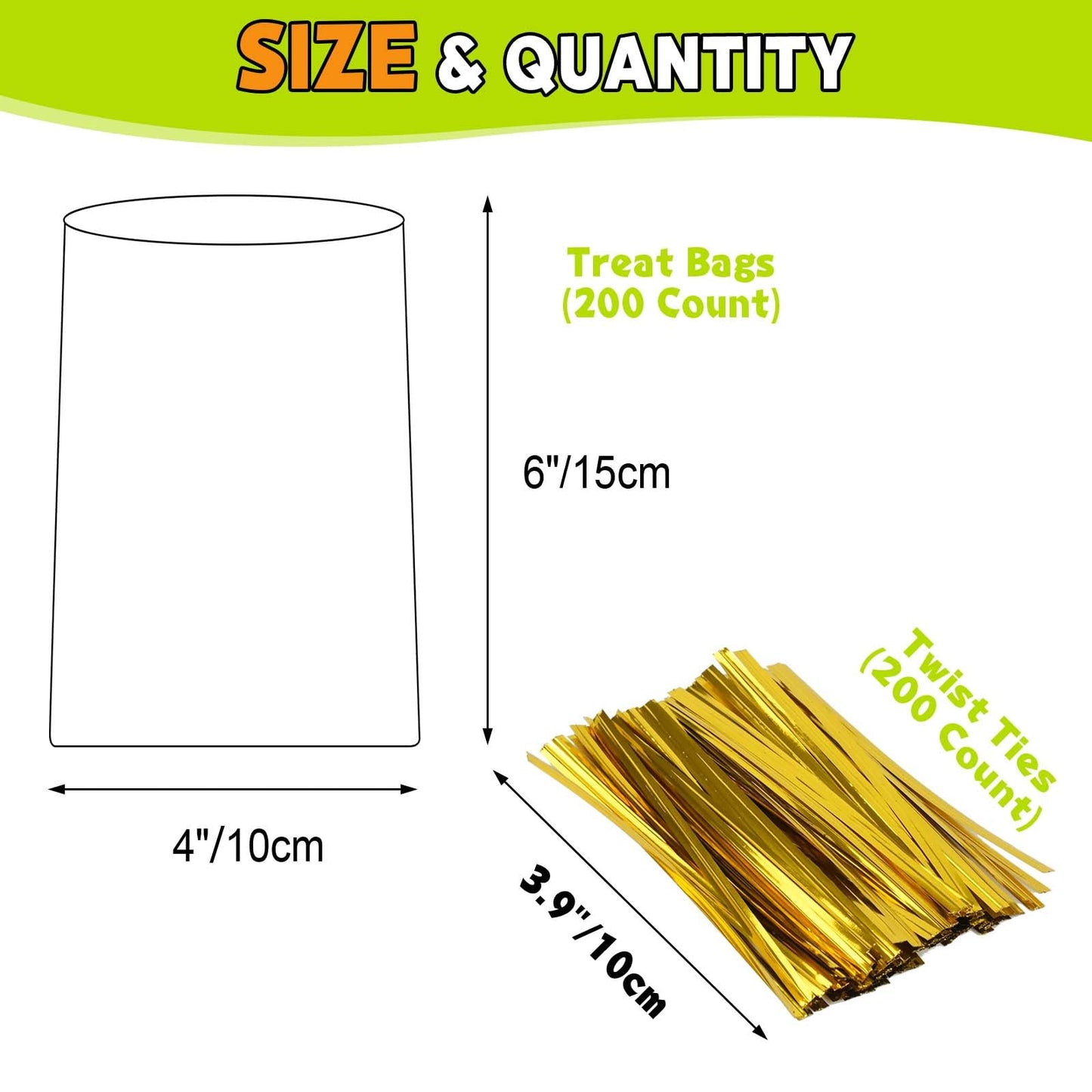 200 Count Poly Treat Bags with 4" Twist Ties Assorted Colors 2.4mils Thickness OPP Plastic Bags of Candy Cookie Treat (4" X 6")