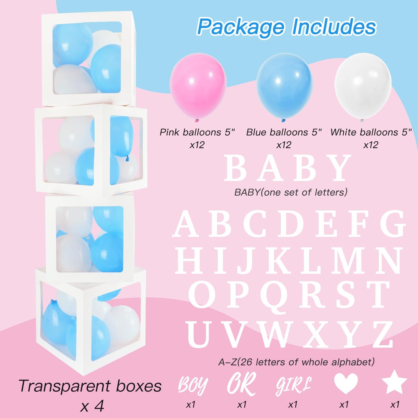 RUBFAC Baby Boxes with 41 Letters and 36 Balloons, 4pcs Clear Balloon Boxes for Baby Shower Gender Reveal Girl Boy Blocks Birthday Party Decorations