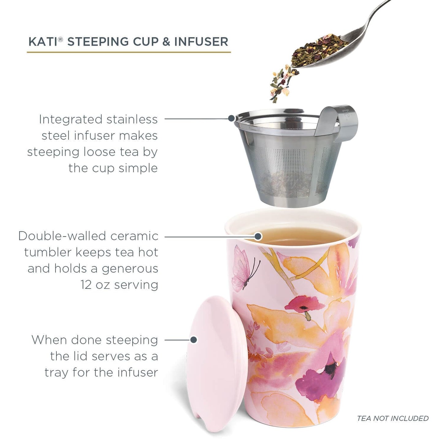 Tea Forte Double-Walled Ceramic Kati Cup, Removable Stainless Steel Infuser Basket and Lid, Steeps 12 oz Loose Leaf Tea, Dishwasher & Microwave Safe, Mariposa