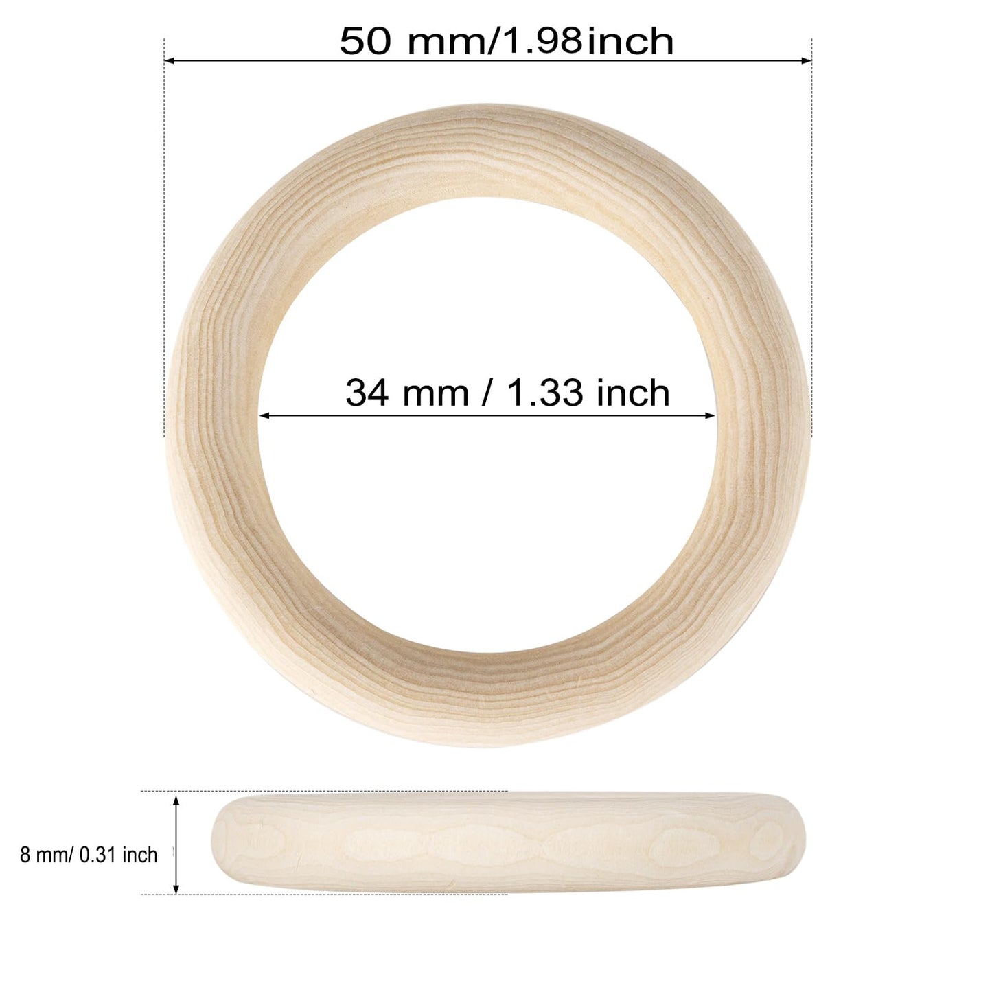 50 PCS 50mm Unfinished Wooden Rings for Craft, Nature Solid Wood Rings for DIY Crafts Without Paint, Macrame Wooden Rings for Ring Pendant and Connectors Jewelry Making