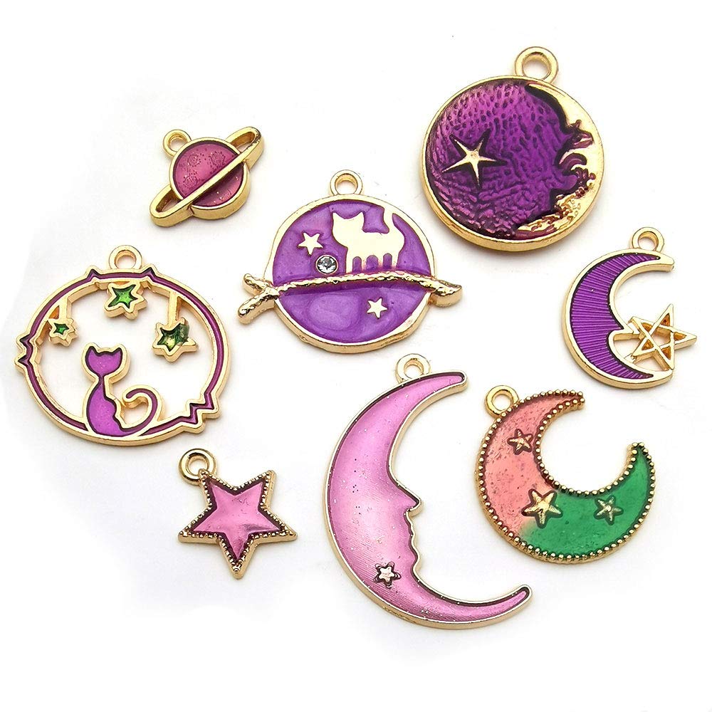 24 Pcs Assorted Gold Plated Enamel Cat Moon Star Celestial Charm Pendant DIY for Earrings Necklace Bracelet Jewelry Making and Crafting (M582-Purple)