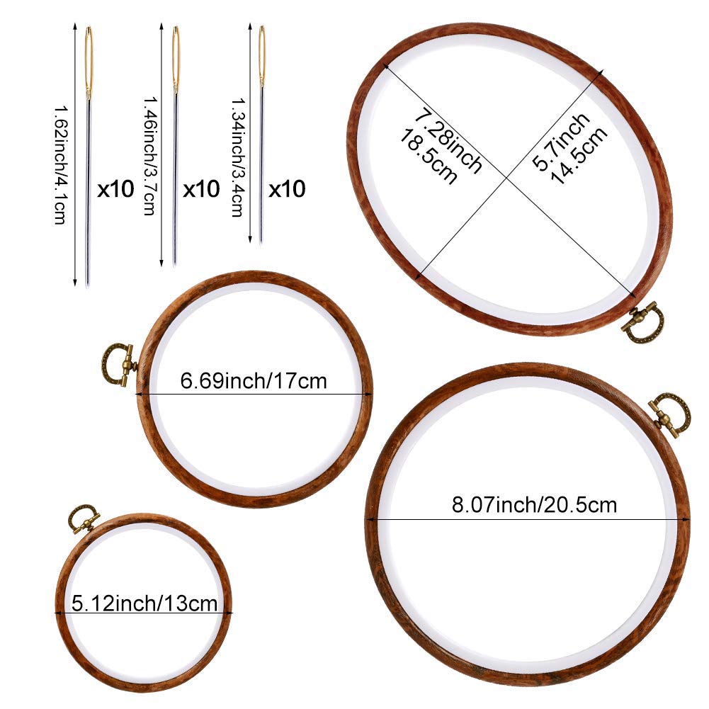 4 Pack Embroidery Hoop Ring, Imitated Wood Display Frame Circle and Oval Embroidery Kits with 30 Pieces Large Eye Embroidery Needles, Quilting Hoop and Cross Stitch Supplies for Sewing and Wall Hang