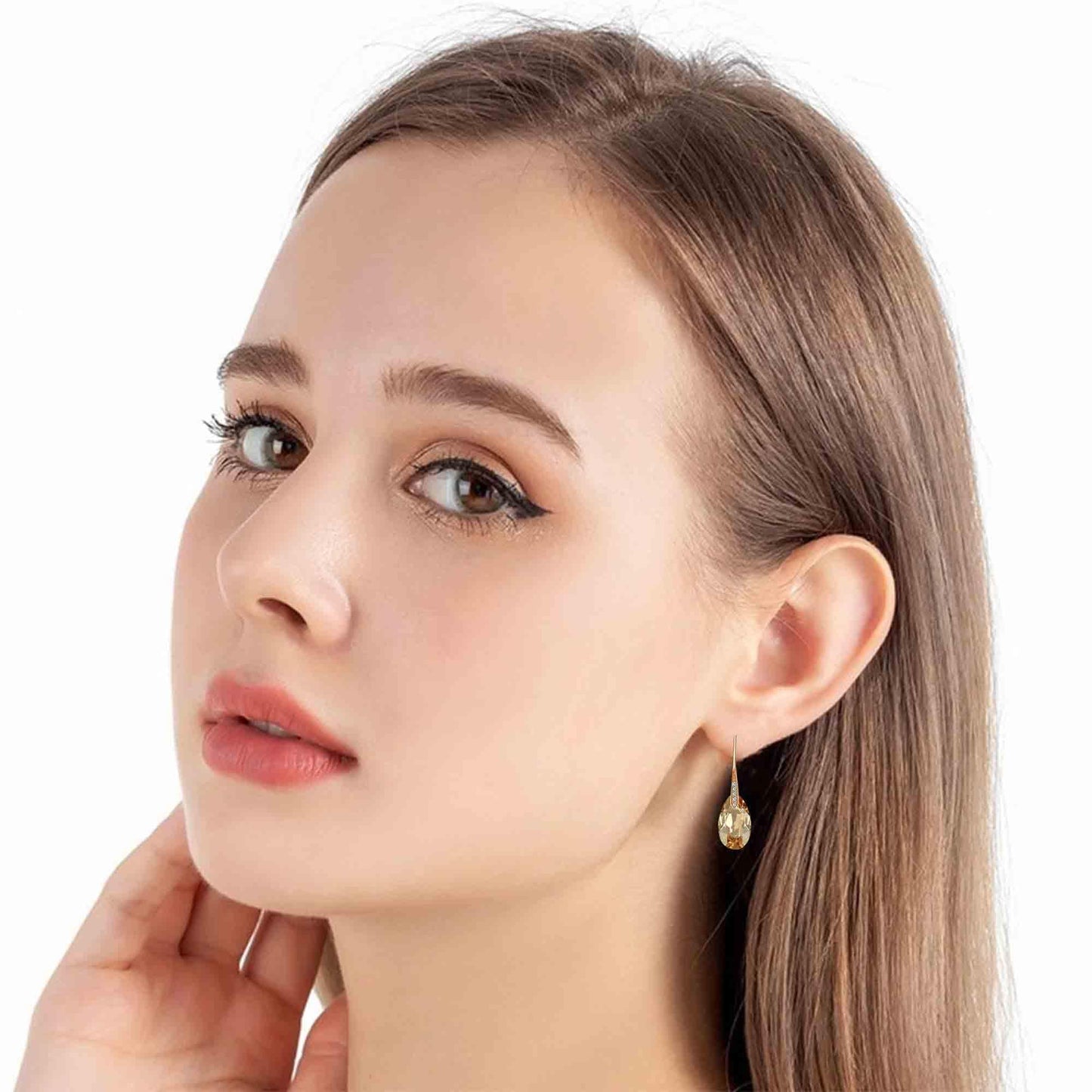 Austrian Crystal Teardrop Dangle Earrings for Women Drop Hook Earring 14K Rose Gold Plated Hypoallergenic Jewelry (Light Topaz)