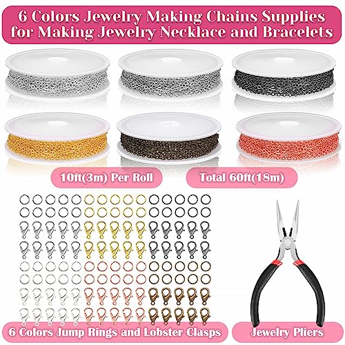 selizo Chains for Jewelry Making, 60ft Jewelry Making Chains for Necklace with Pliers, Open Jump Rings and Lobster Clasps for Making Jewelry DIY Necklace Bracelet Anklet, 6Colors 2mm