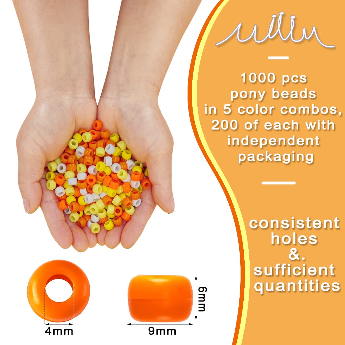 MIIIM 1000PCS 6x9mm Pony Beads Bulk, 5 Styles Yellow Pony Beads for Bracelets Making Kit, Kandi, Hair Braids Crafts for Jewelry Making (Yellow)