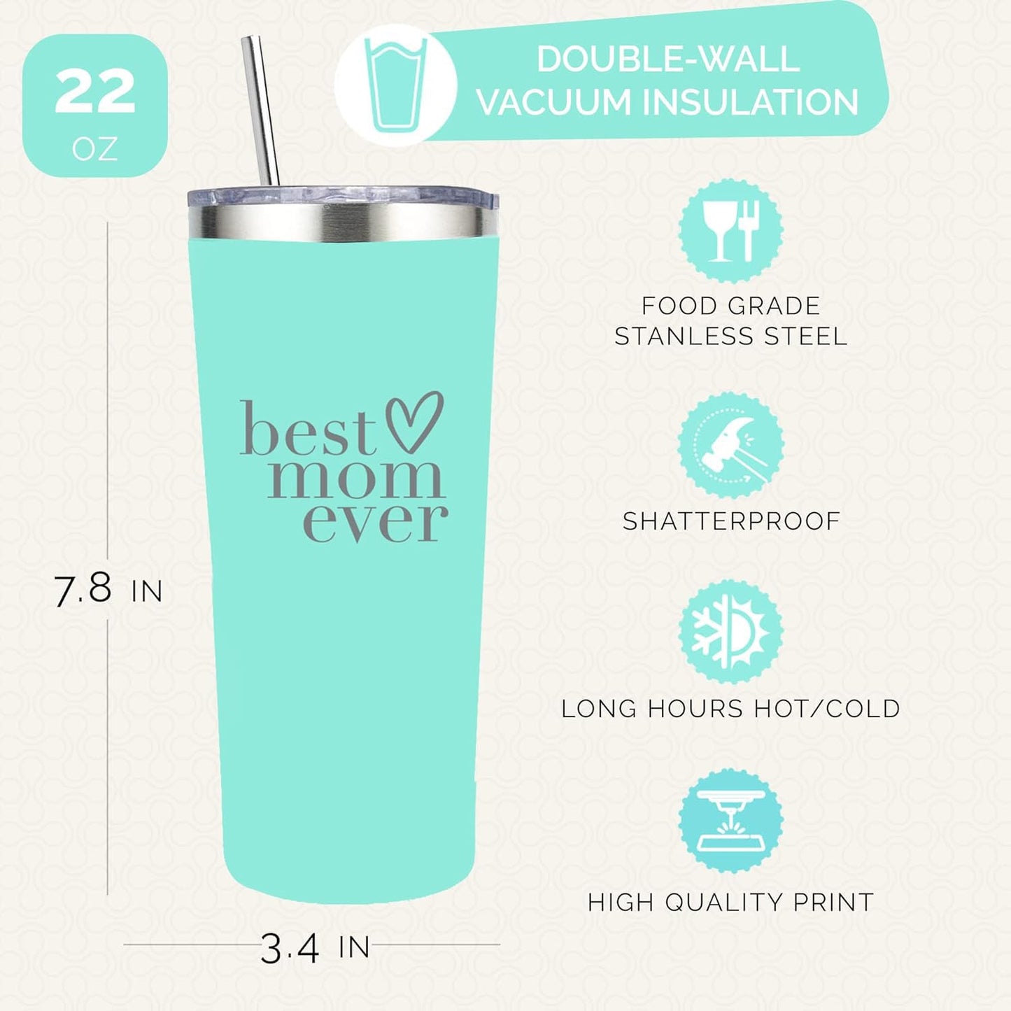 Best Mom Ever Gifts Tumbler - Stainless Steel 22 Oz Mint Green Best Mom Tumbler with Straw and Lid - Ideal Mothers Day Gift, Coffee & Water Bottle for New Moms - Best Mom Cup Present