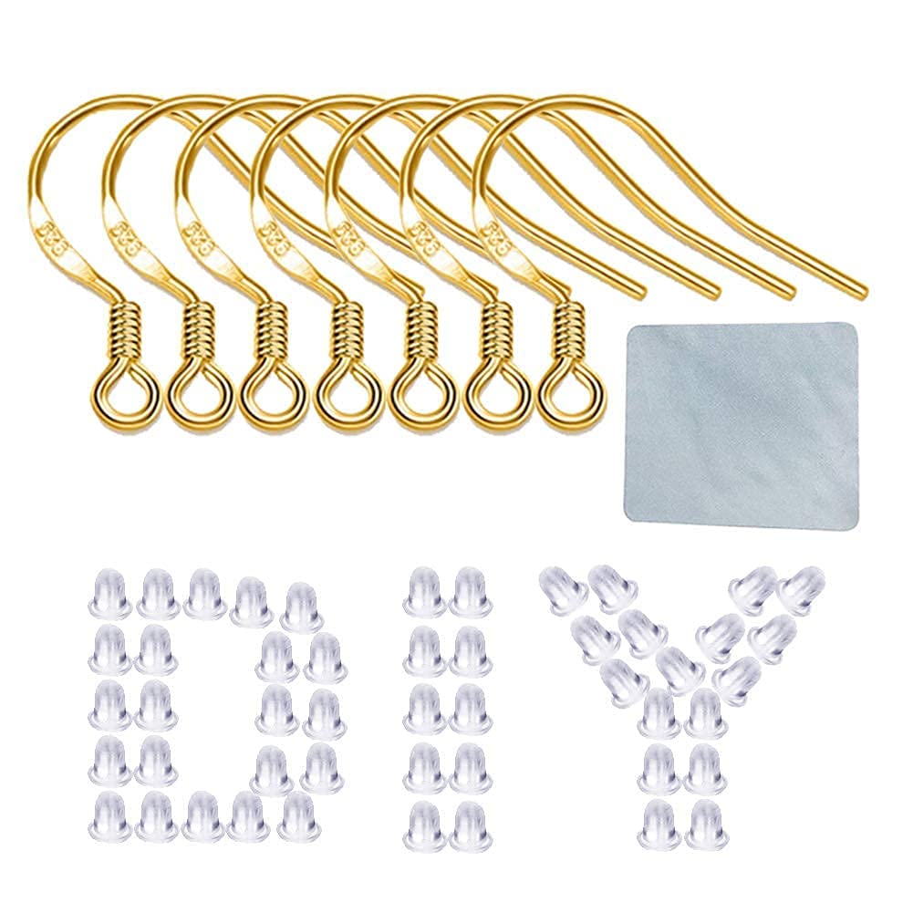 Gold Fishhook Earring Hooks - 120 PCS/60 Pairs 18K Gold Hypoallergenic Ear Wires Fish Hooks for Jewelry Making, Jewelry Findings Parts with 120 PCS Rubber Earring Backs Stopper for DIY Earrings
