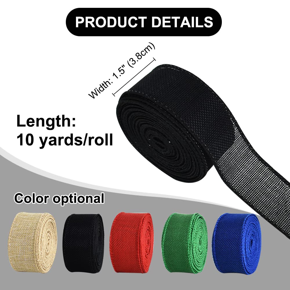 TONIFUL Burlap Black Wired Ribbon, 1 1/2 inch 10 Yard Jute Ribbon for Decoration Bows Tree Toppers Ribbons Craft Gift Wrapping Wreath Sewing, for Christmas Wreath Decor