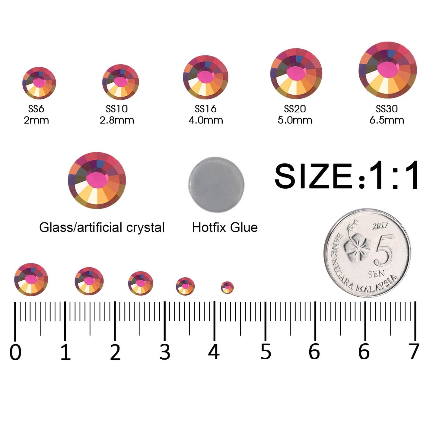 MEIBITE 6796PCS Rainbow Hotfix Rhinestones Crystal Stones Glass for Fabric Clothes Shirts Sparkly Flat Back Round with Tweezers and Picking Pen (SS6~SS30 Set)