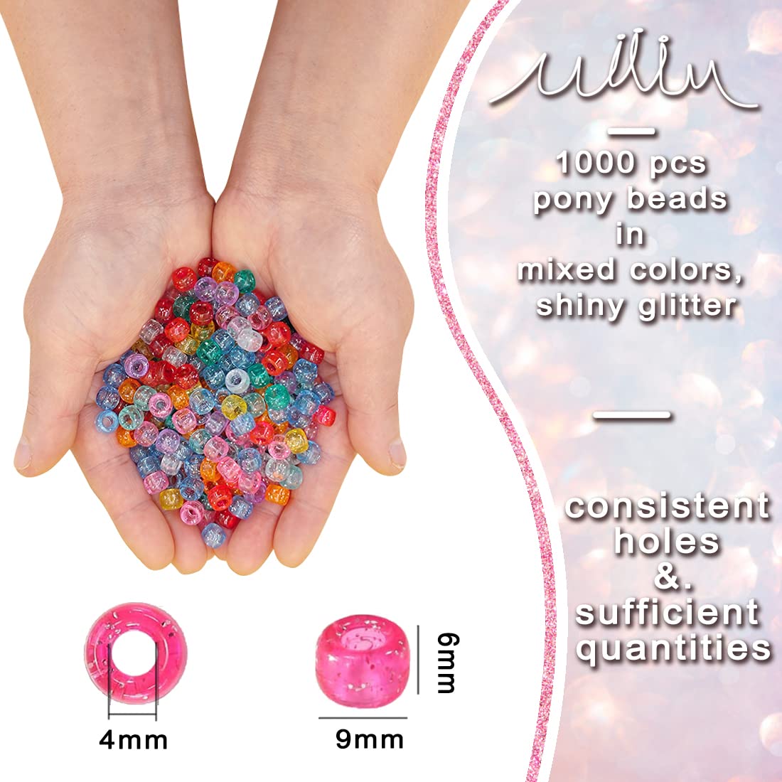 MIIIM 1000PCS 6x9mm Pony Beads Bulk, Glitter Kandi Beads for Bracelets Making Kit, Hair Braids Crafts for Jewelry Making (Glitter Mixed)