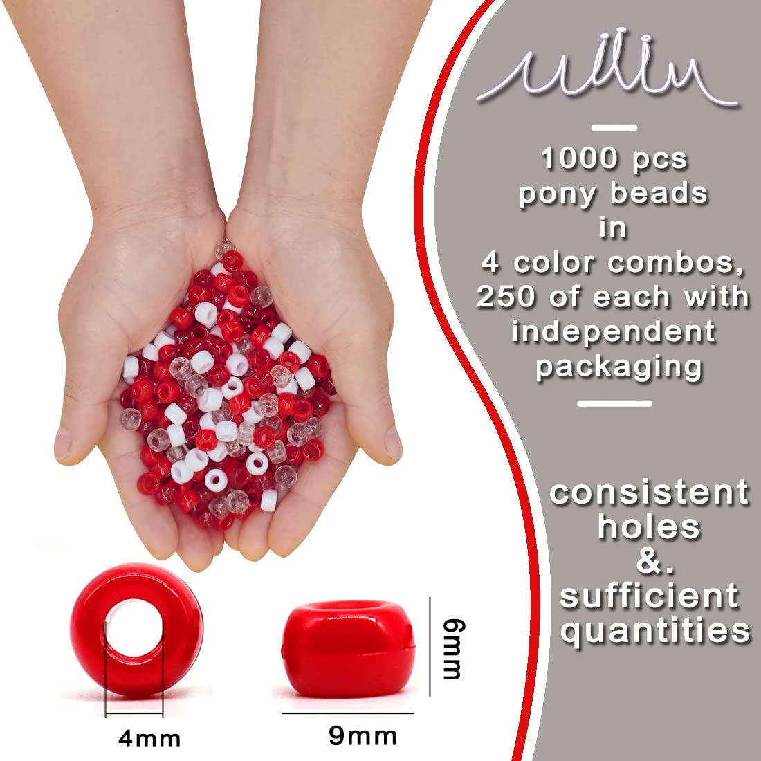 MIIIM 1000PCS 6x9mm Pony Beads Bulk, 4 Styles Red Kandi Beads for Bracelets Making Kit, Hair Braids Crafts for Jewelry Making (Red)