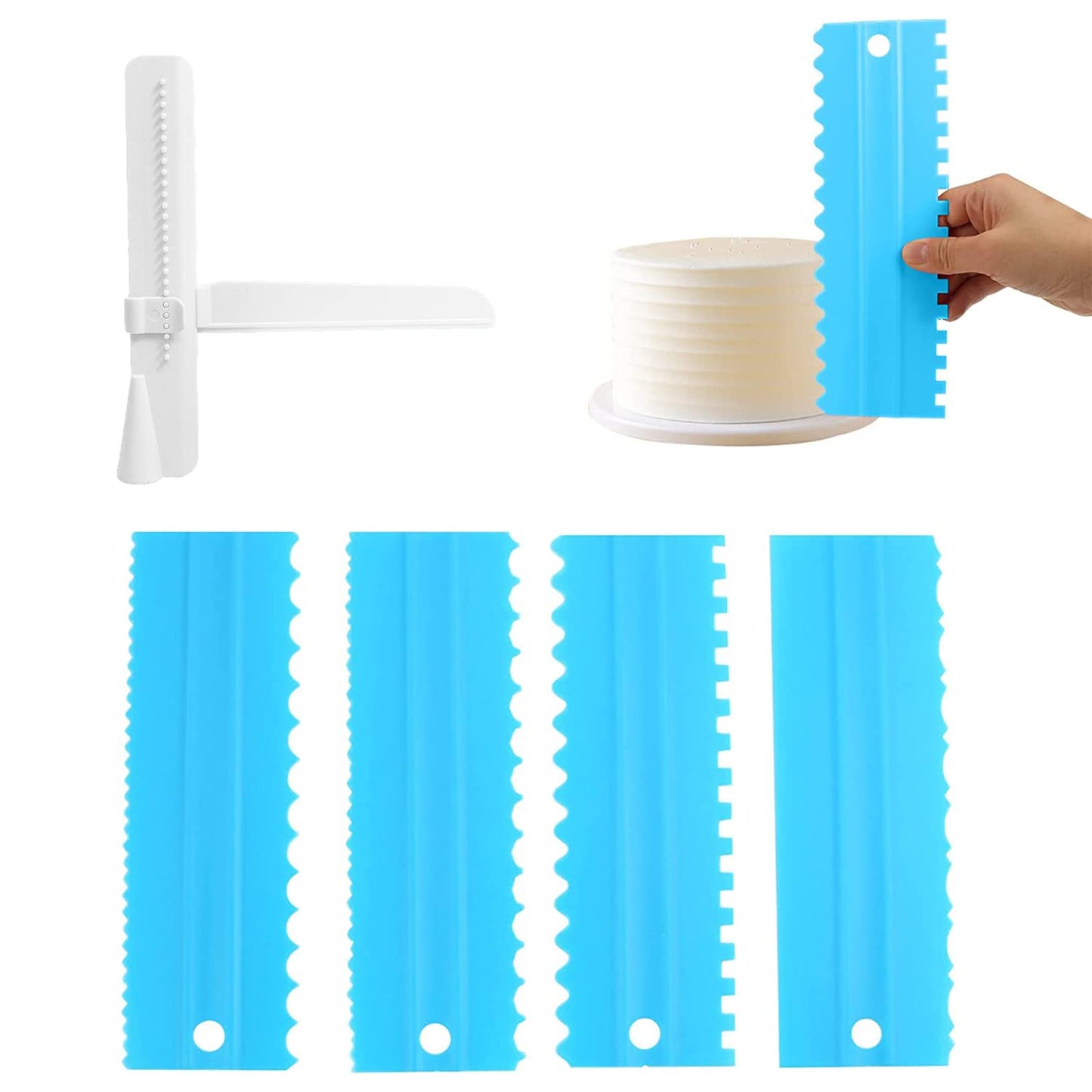 Adjustable Cake Scraper Smoother Tool,Cake Scraper Set,Double Sided Patterned Edge Smoothe Plastic Sawtooth Comb,Bench Scraper For Cake Decorating,Baking,cream Icing Smoother(4+1Pack)(Blue,White)