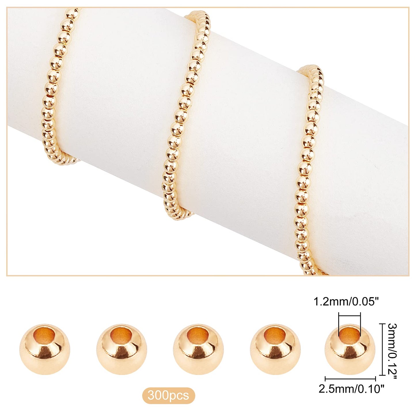 3mm 14K Gold Spacer Beads, 300pcs Mini Smooth Round Beads Seamless Ball Beads Small Brass Loose Beads Metal Beads for Summer Hawaii Layered Necklace Bracelet Jewelry Making