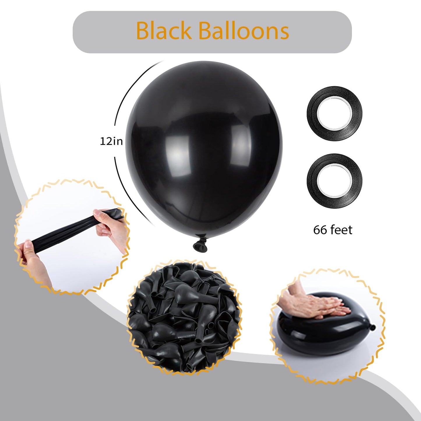 100pcs Black Balloons, 12 inch Black Latex Party Balloons Helium Quality for Gende Reveal, Birthday,Baby Shower,Wedding, Halloween or Christmas PartyParty Decoration (with Black Ribbon)